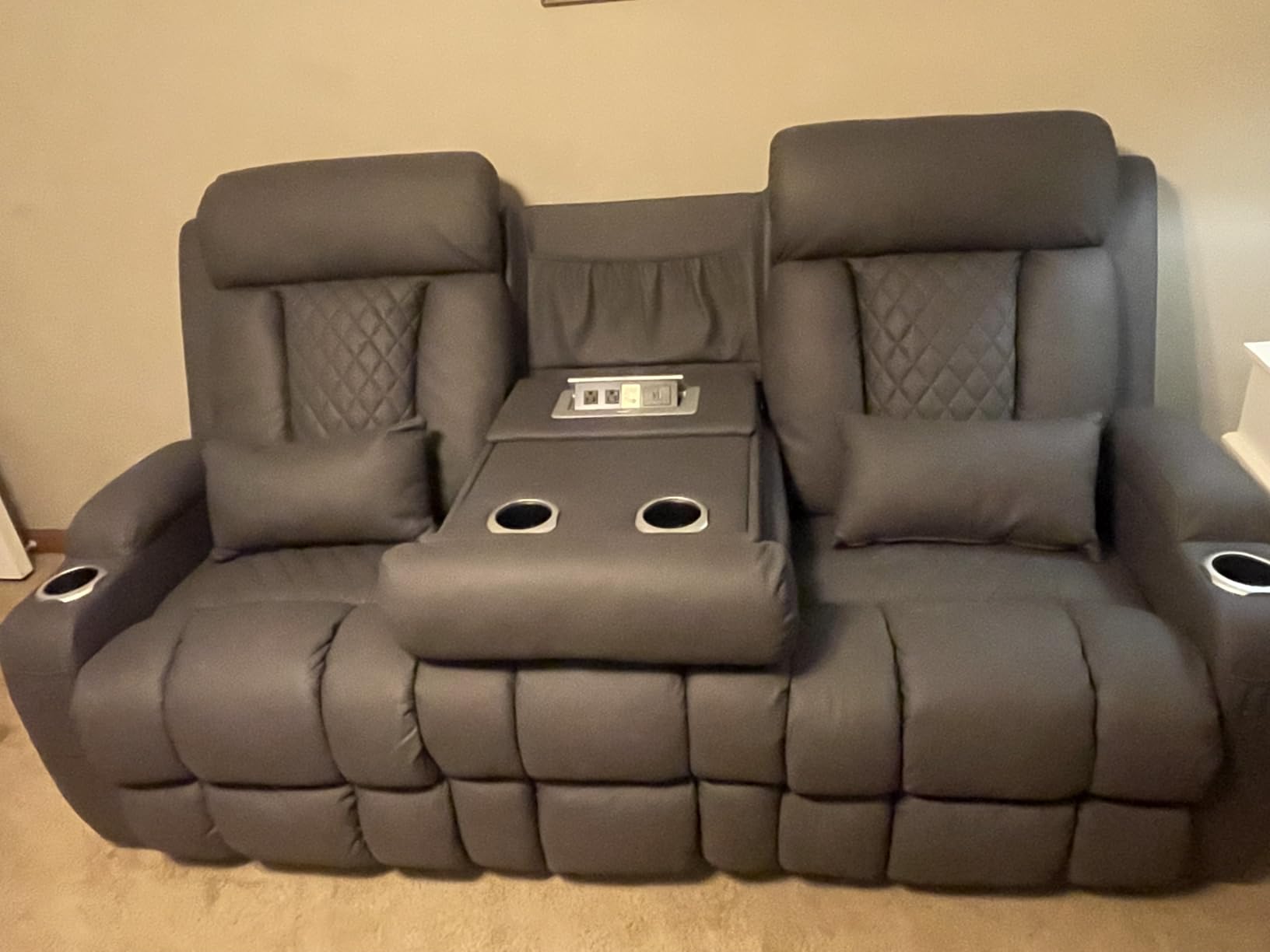 Zero Wall Hugger Power Reclining Sofa with Adjustable Headrest, Electric Reclining Couch with Drop-Down Table, Outlets, Power Loveseat Recliner Sofa for Living Room (Gray, 3 Seat) customer photo 1