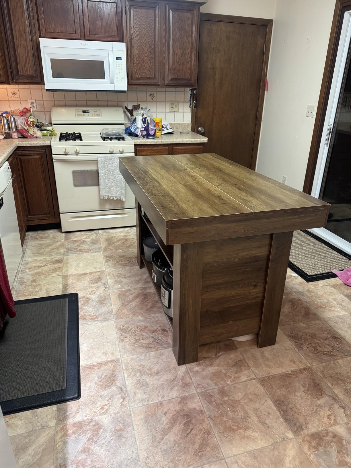 LITTLE TREE 55 Inches Kitchen Island with Storage, 3-Tier Farmhouse Wooden Stationary Island Table with Large Worktop & Leg Room, Rustic Brown customer photo 1