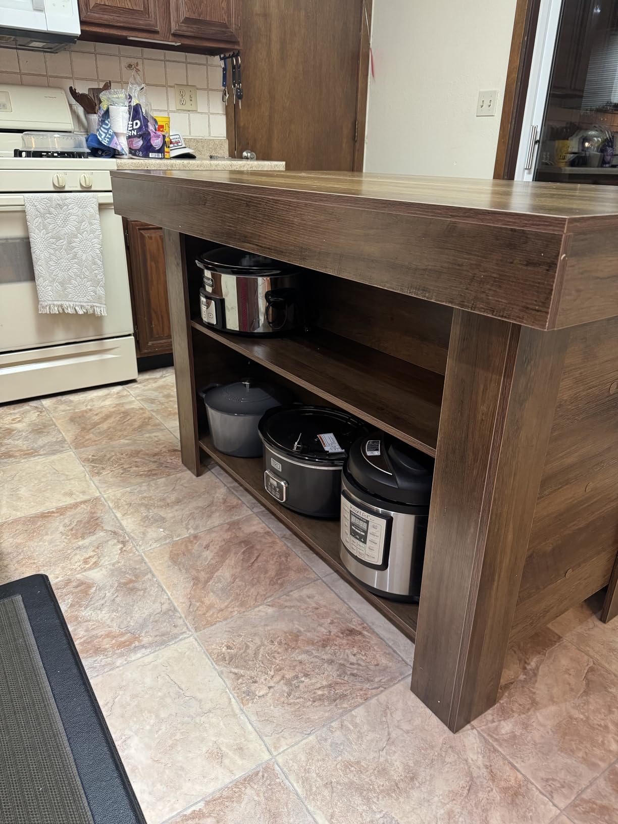 LITTLE TREE 55 Inches Kitchen Island with Storage, 3-Tier Farmhouse Wooden Stationary Island Table with Large Worktop & Leg Room, Rustic Brown customer photo 2