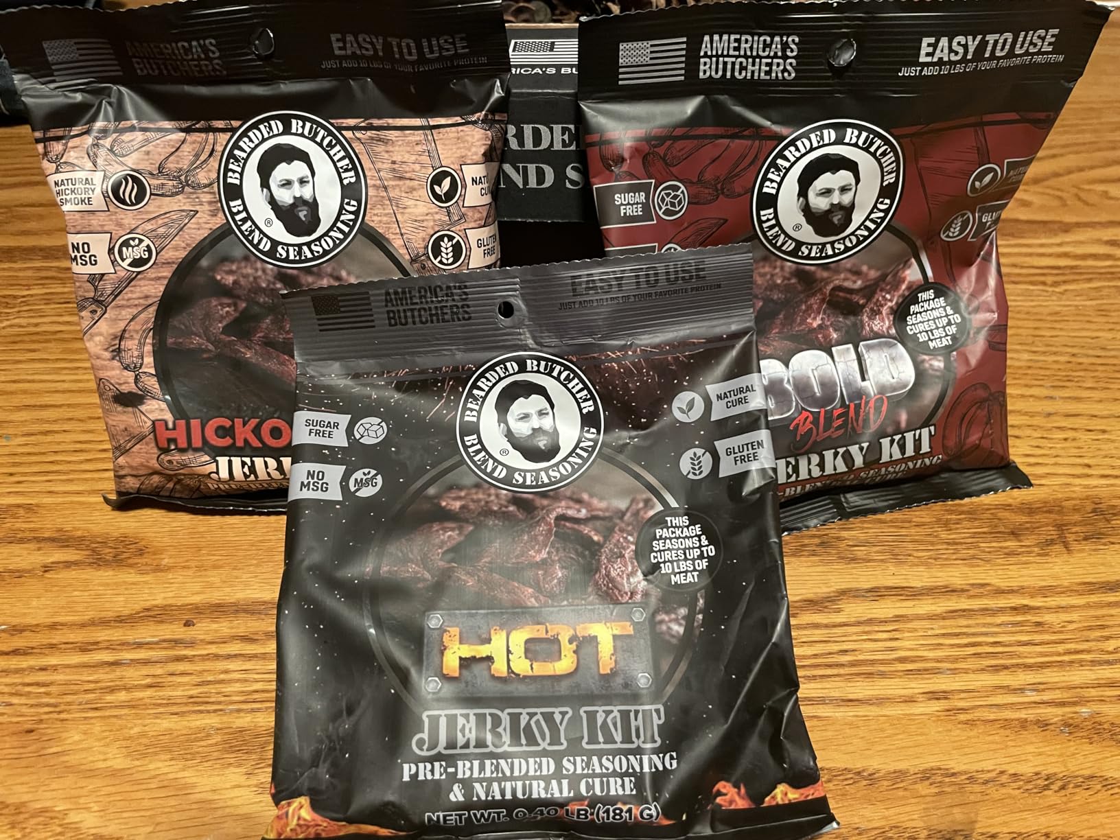 Bearded Butchers Jerky Seasoning & Natural Cure Variety 3 Pack - DIY Jerky Making Kit with Hickory BBQ, Bold & Hot Flavors - Makes up to 30 lbs Beef, Venison & Wild Game - Gluten Free, No MSG, & No Synthetic Nitrites customer photo 1