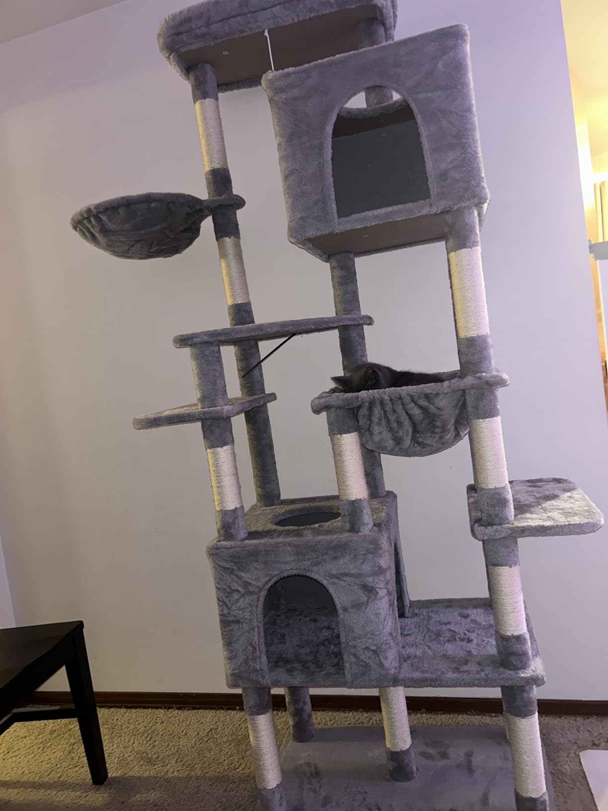 Heybly Cat Tree, 76-Inch Tall Heavy Duty Cat Tower for Big Cats with Extra Wide Baseboard, Multi-Level Large Cat Furniture with 2 Condos & 2 Hammocks, 10 Scratching Posts, Smoky Gray HCT039G customer photo 1