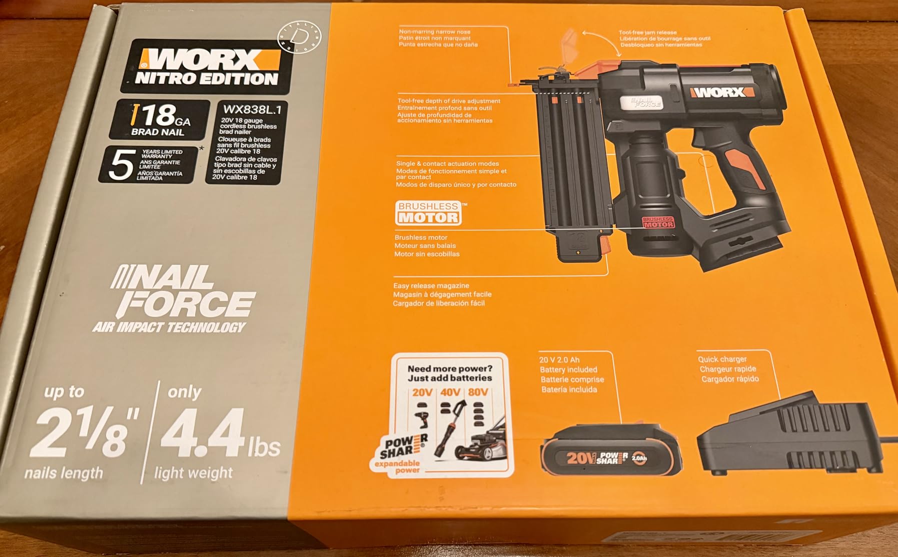 WORX Brad Nailer Cordless, 20V 18 ga Brushless Nail Gun Cordless, High Driving Power, Up to 2-⅛