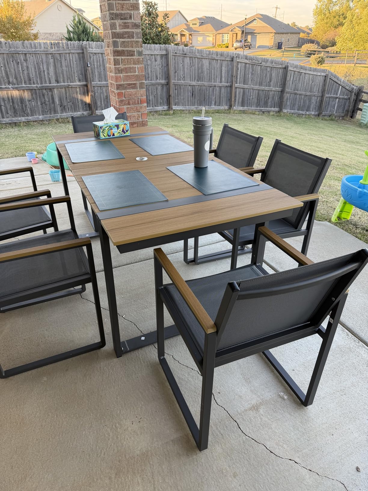 Outdoor Dining Set, HDPS + Aluminum Patio Table and Chairs Set with U-Shaped Base, 7 Piece Outdoor Furniture Set with Umbrella Hole, Patio Dining Table Set for Garden, Backyard (Gray-Teak) customer photo 1
