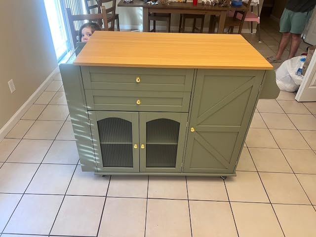 FINETONES Kitchen Island with Storage, Rolling Kitchen Island on Wheels with Wood Drop Leaf Countertop, Island Table Bar Cart with Spice Towel Rack customer photo 1