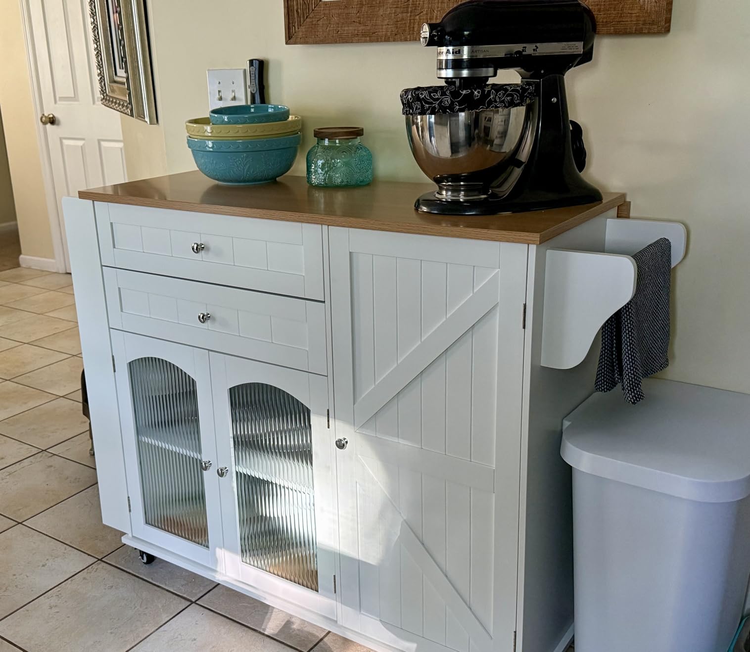 FINETONES Kitchen Island with Storage, Rolling Kitchen Island on Wheels with Wood Drop Leaf Countertop, Island Table Bar Cart with Spice Towel Rack customer photo 2
