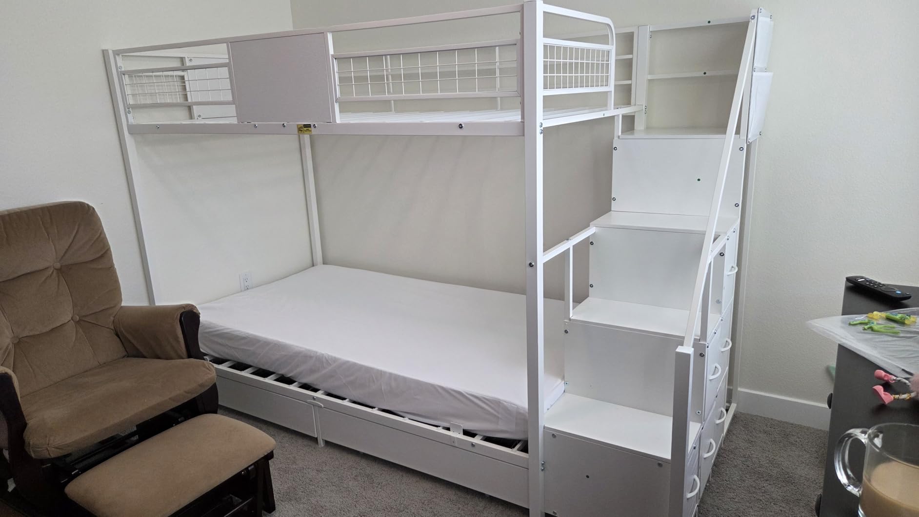 BTHFST Bunk Bed Twin Over Twin with Stairs, LED Lights Twin Bunk Bed with 2 Storage Drawers & 6 Fabric Drawers, Metal Twin Loft Beds with Guardrail & Stairs customer photo 1