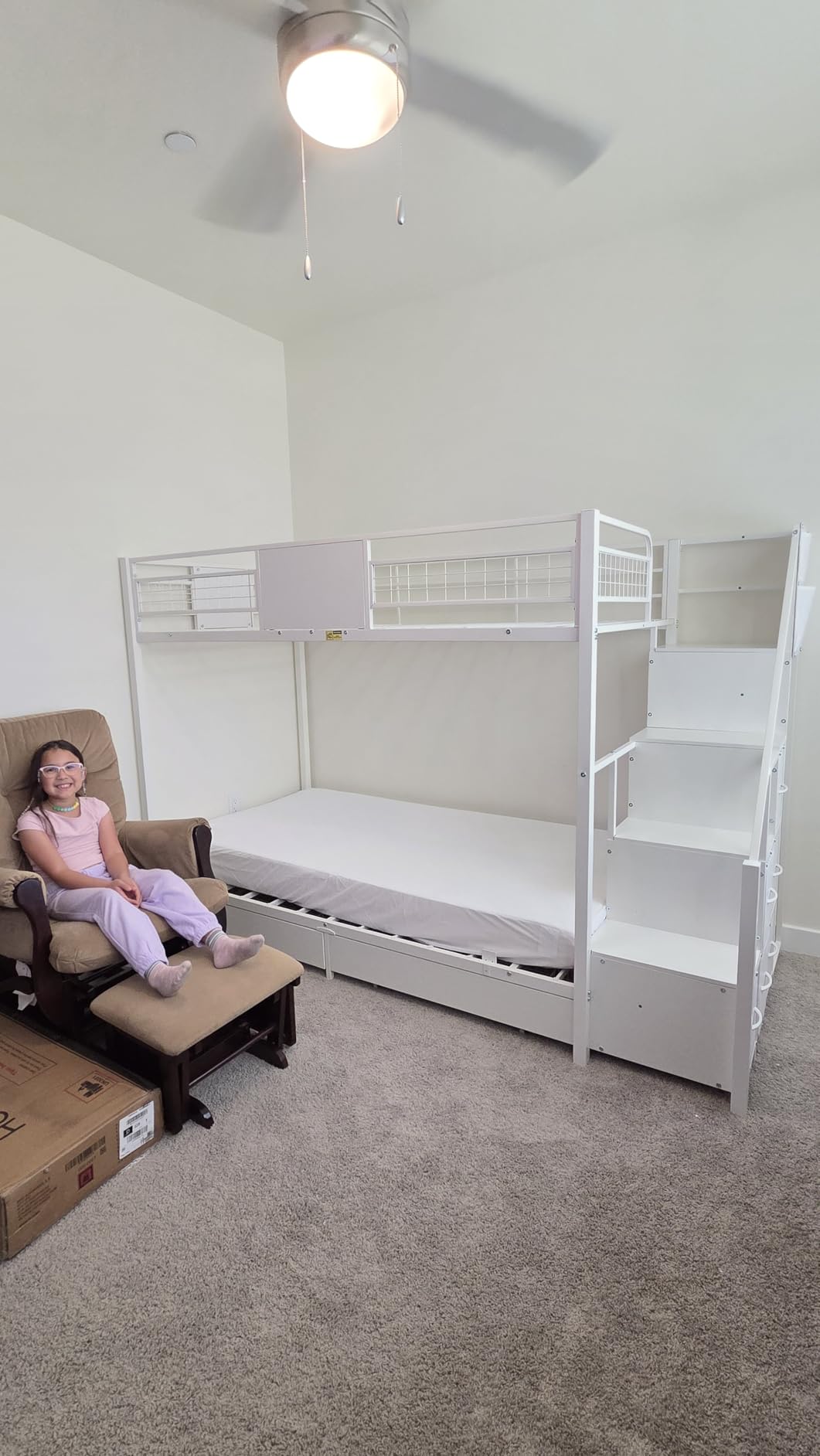 BTHFST Bunk Bed Twin Over Twin with Stairs, LED Lights Twin Bunk Bed with 2 Storage Drawers & 6 Fabric Drawers, Metal Twin Loft Beds with Guardrail & Stairs customer photo 2