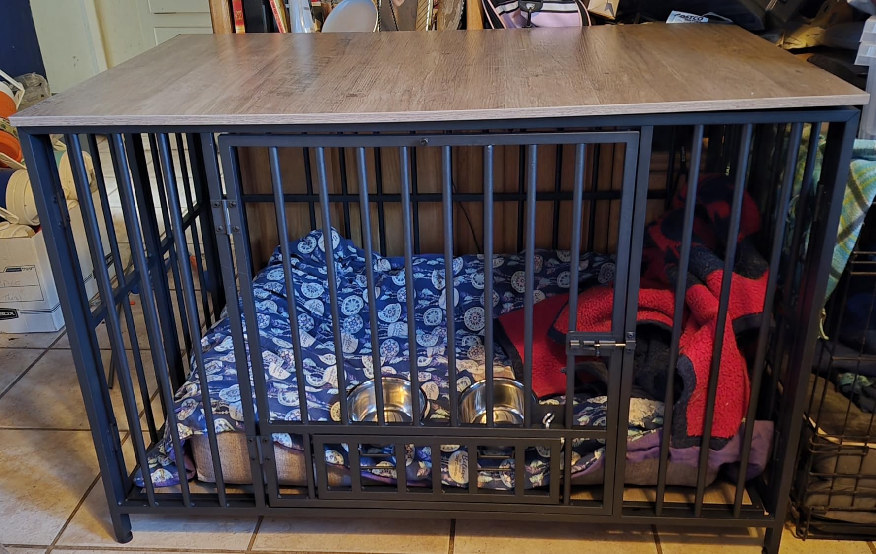 Easycom Dog Crate Furniture Foldable, No Assembly Decorative Dog Kennel Indoor, Dog Crates for Large Dogs(35-60 lb), Wooden Dog Cage with Adjustable Bowls and Name Tag, End Table, Rustic Brown customer photo 2