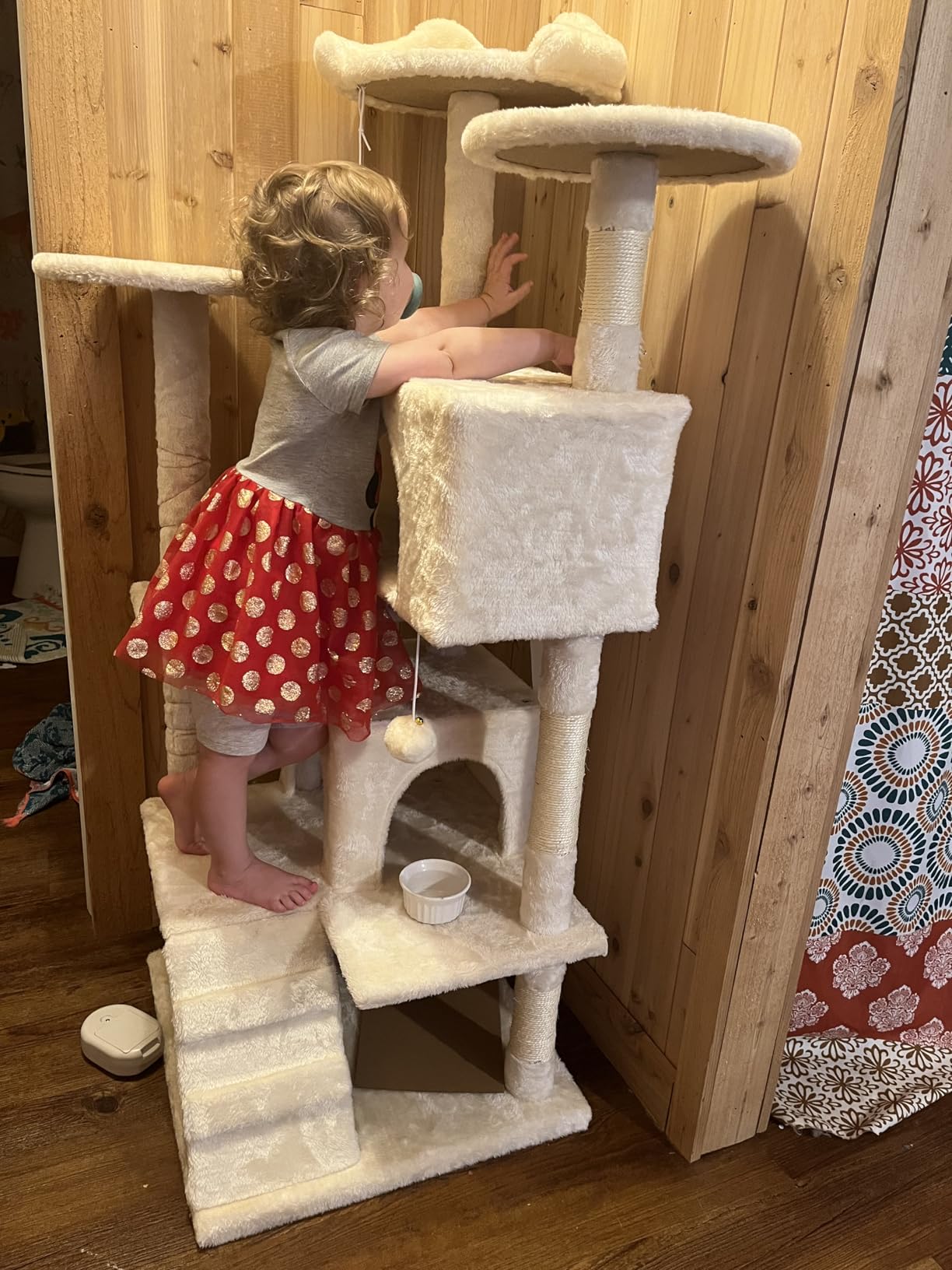 DUMOS 54-inch Indoor Cat Tree Tower - Multi-Level Pet House for Large Cats with 2 Condos, Scratching Posts, Round Platform, Small Ladder, and Toys - Perfect for Cats of All Ages, Dark Grey customer photo 2