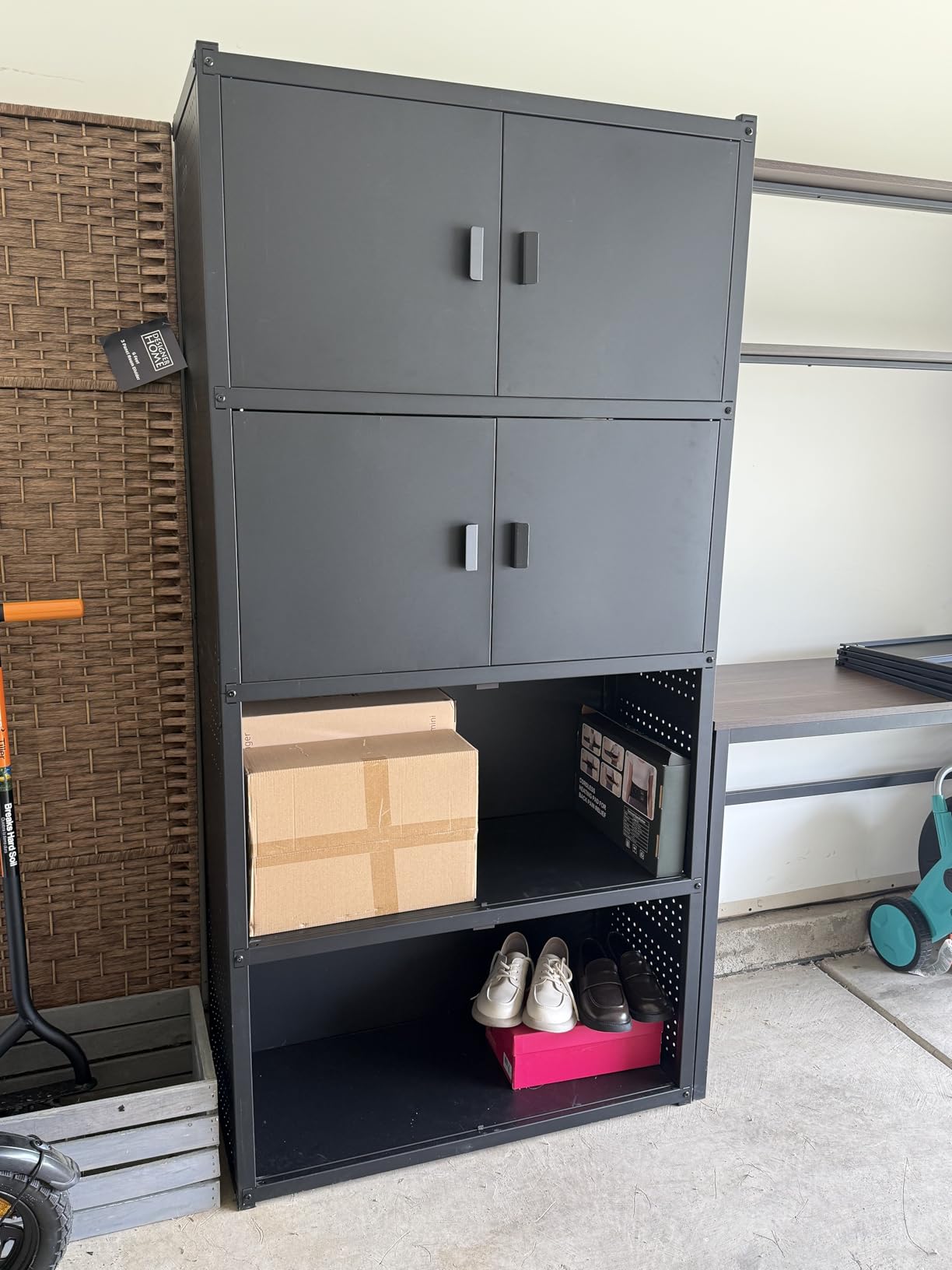 FLEXIMOUNTS Garage Storage Cabinet System, 3-in-1 Modular Metal Tool Cabinet w/ Workbench and Metal Board Shelf Includes Pegboard customer photo 2