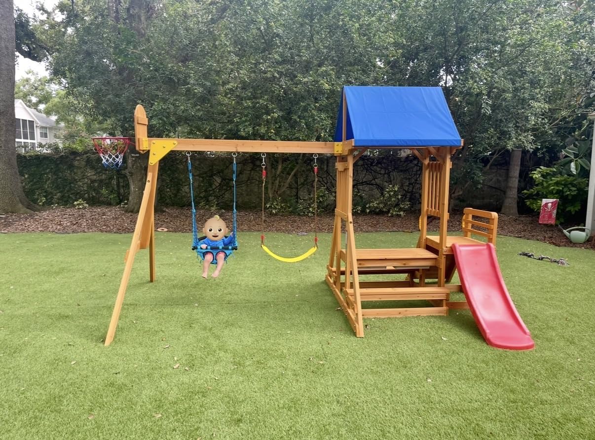 SUNIBOXI Wooden Swing Sets for Backyard, Kids Outdoor Playground Set with Monkey Bars, Wave Slide, 2 Belt Swings, Climbing Ladder, Rock Wall, Play Deck with Canopy Roof for Ages 3-6 customer photo 2