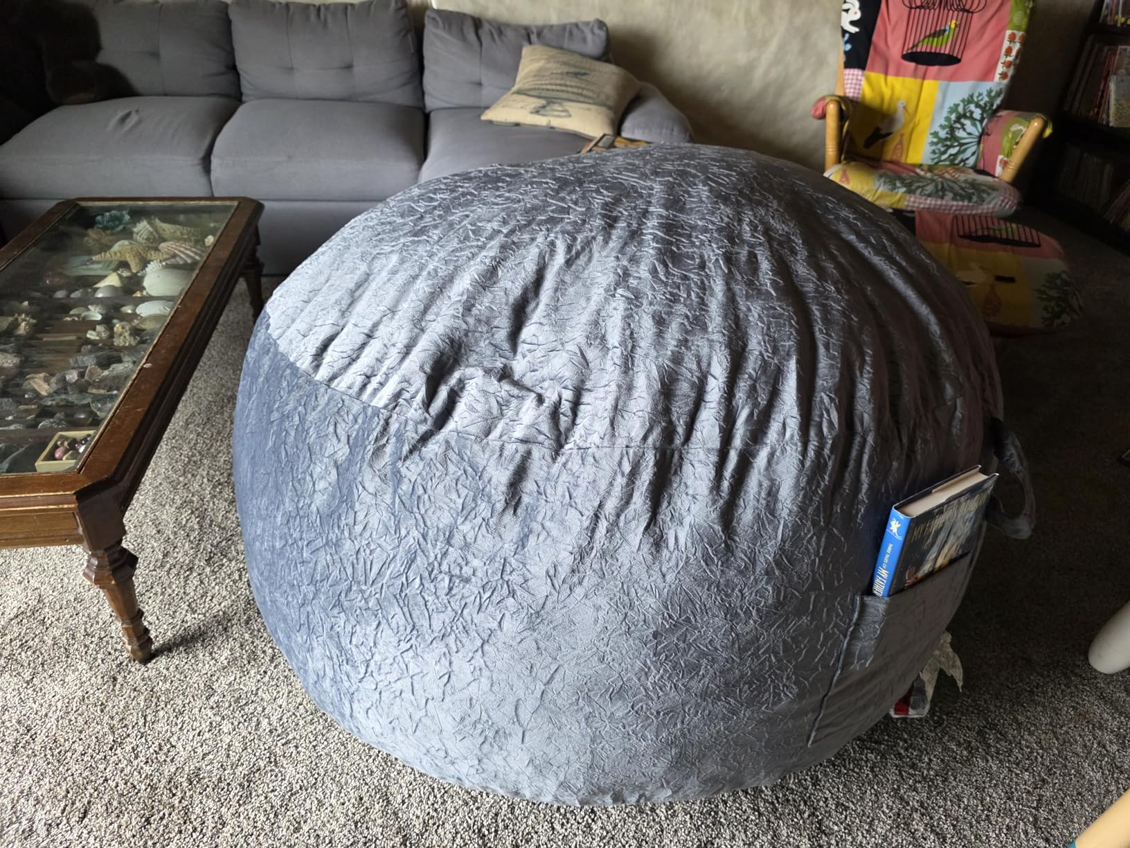 EDUJIN Bean Bag Chair, Memory Foam Bean Bag Chairs for Adults, Soft Velvet Cover, Stylish Beanbag Sofa for Living Room, Convenient Pocket & Pull-Handle Design - 3 Foot, Grey customer photo 2