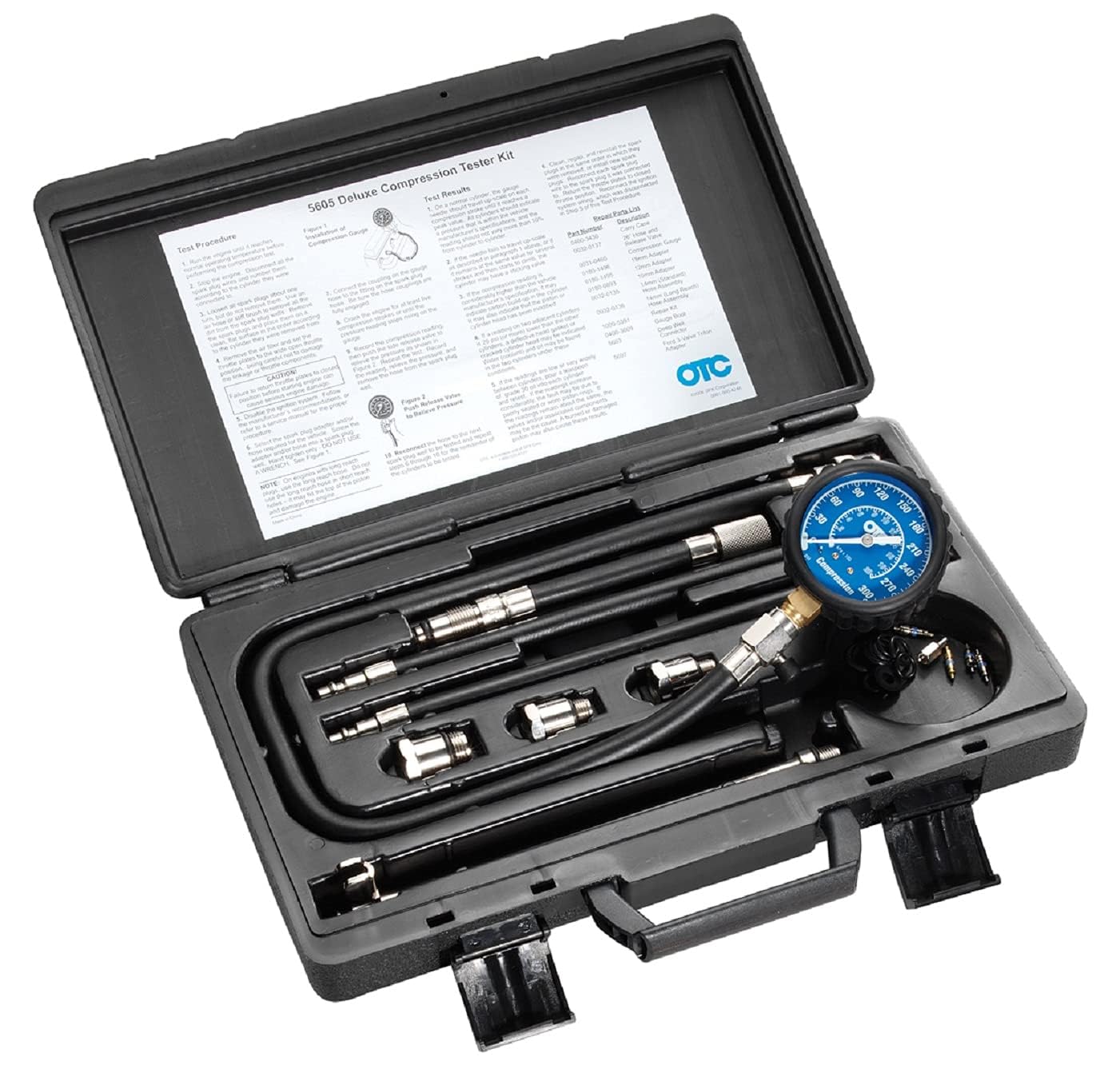 OTC 5605 Deluxe Compression Tester Kit for Gasoline Engines with Easy to Read 2-1/2