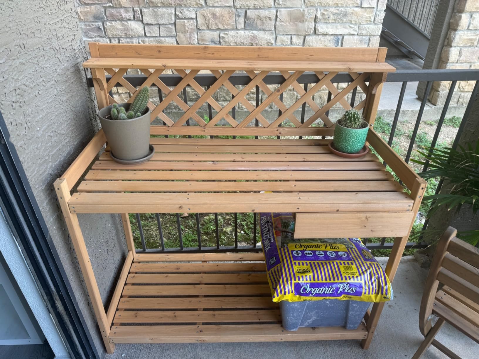 Best Choice Products Outdoor Garden Potting Bench, Wooden Workstation Table w/Cabinet Drawer, Open Shelf, Lower Storage, Lattice Back - Natural customer photo 2
