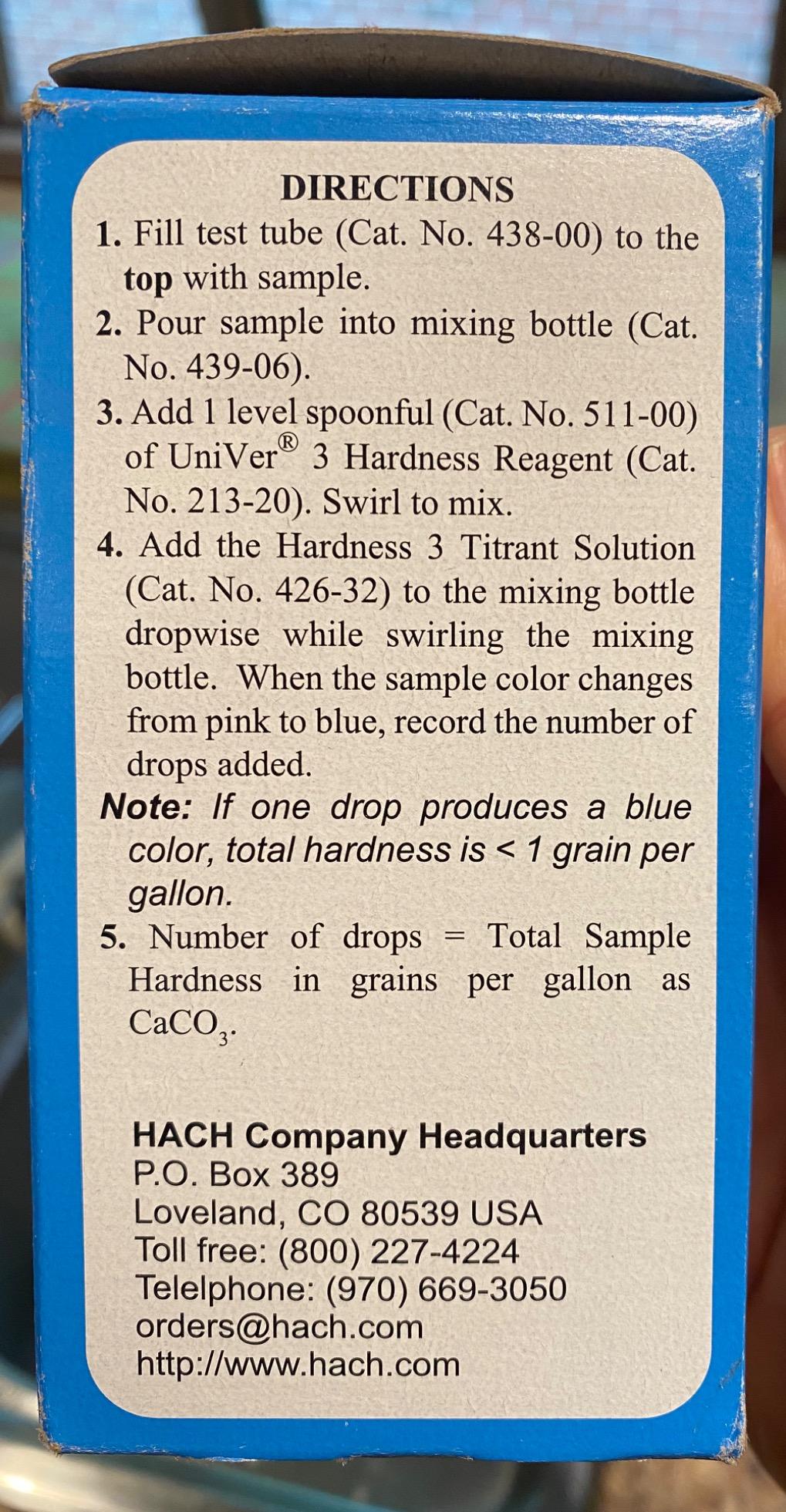 Hach Total Hardness Test Kit, Model 5-B, Water Analysis Kit for Drop Count Titration, with 2 Reagents, Measuring Tube, Square Bottle & Measuring Scoop, 145300 customer photo 1