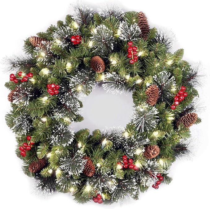 National Tree Company 24 in Pre-Lit Crestwood Spruce Artificial Christmas Wreath, Christmas Decoration with Glitter, Pinecones, Red Berries, 50 Warm White LED Lights, 160 Tips, Timer, Green customer photo 2