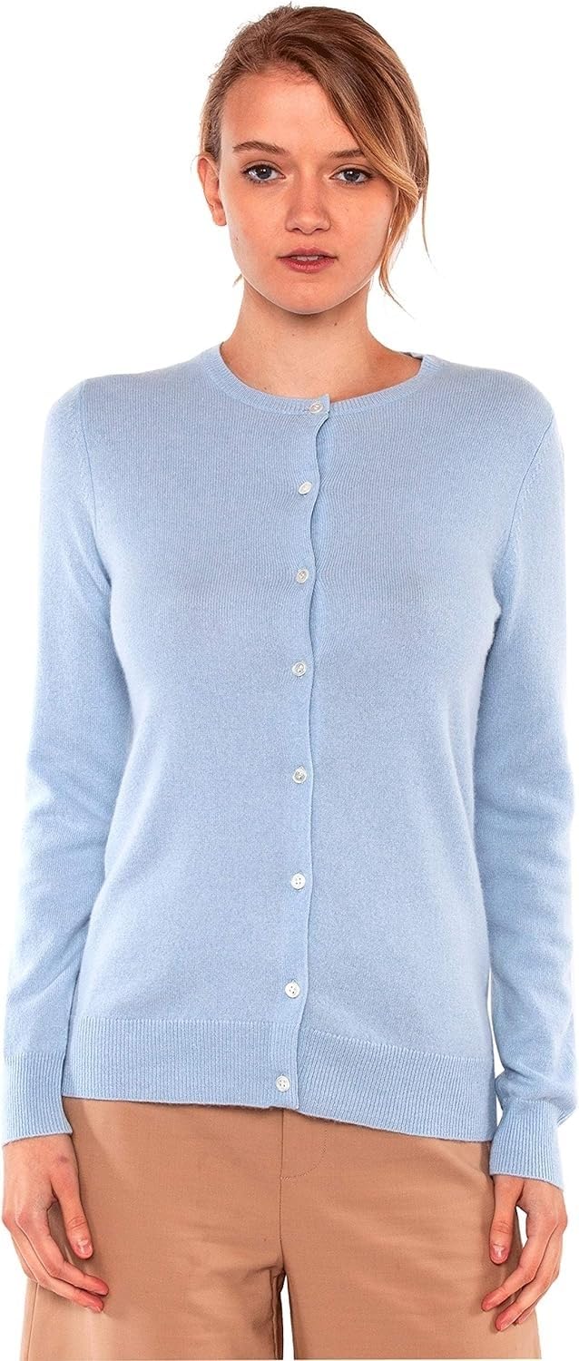 JENNIE LIU Women's 100% Cashmere Button Front Long Sleeve Crewneck Cardigan Sweater customer photo 2