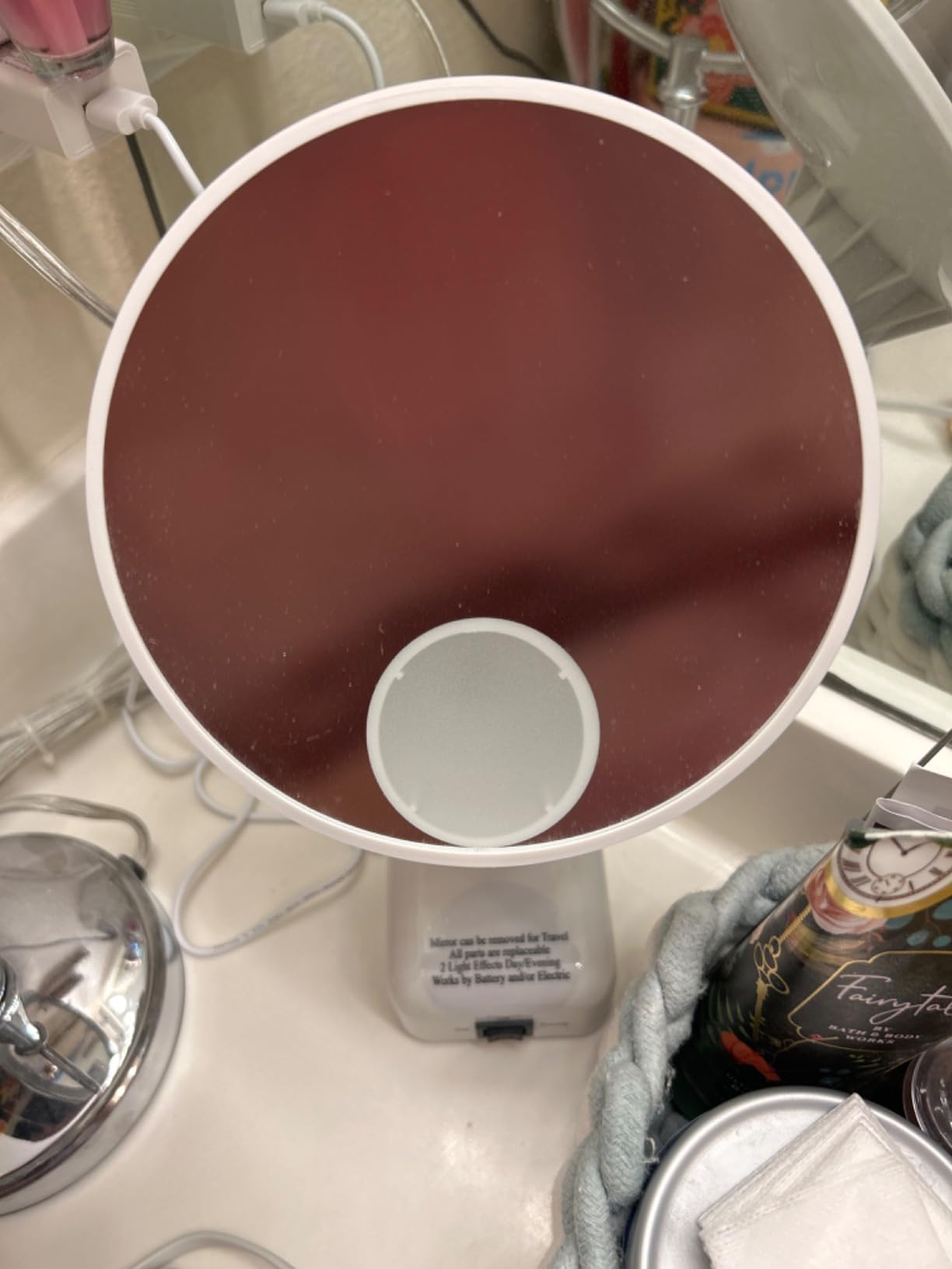 Floxite FL-615-2 15X magnifying mirror with light, Lighted travel makeup mirror with light and magnification, Round, LED, Tabletop, Portable vanity mirror for desk bathroom, electric plug in, personal customer photo 2
