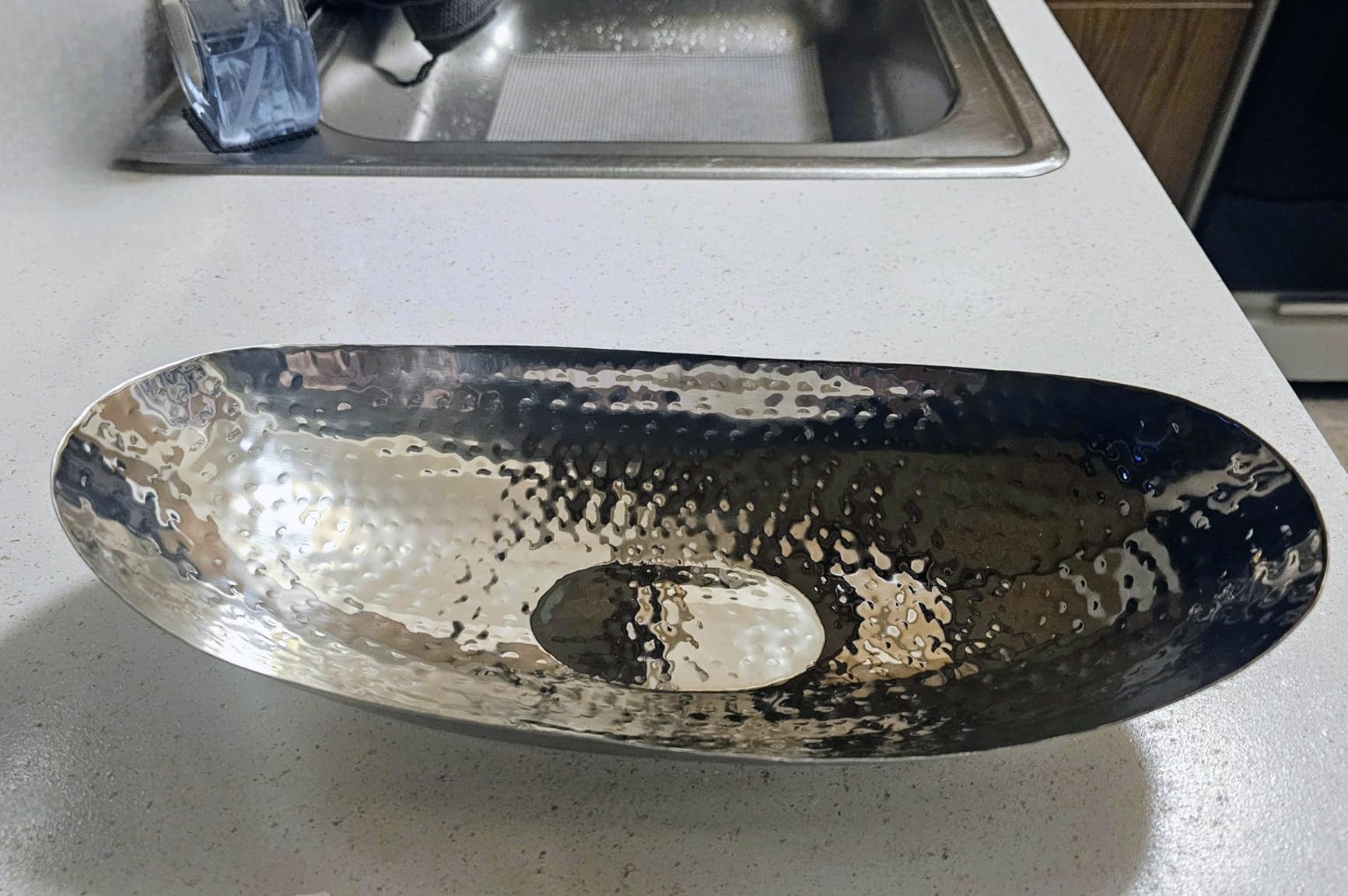 Hosley Hammered Stainless Steel Oval Bowl - 13.5
