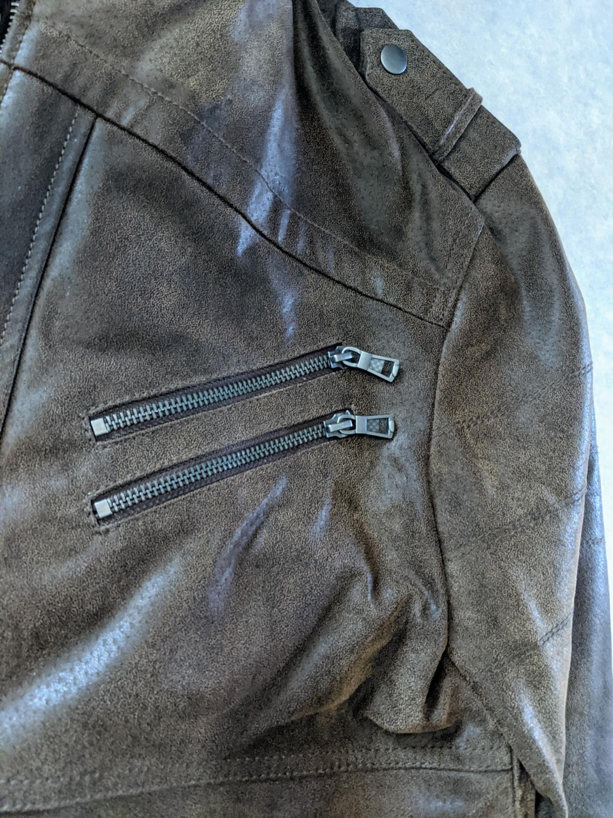 Men Brown Leather Motorcycle Jacket with Removable Hood customer photo 1