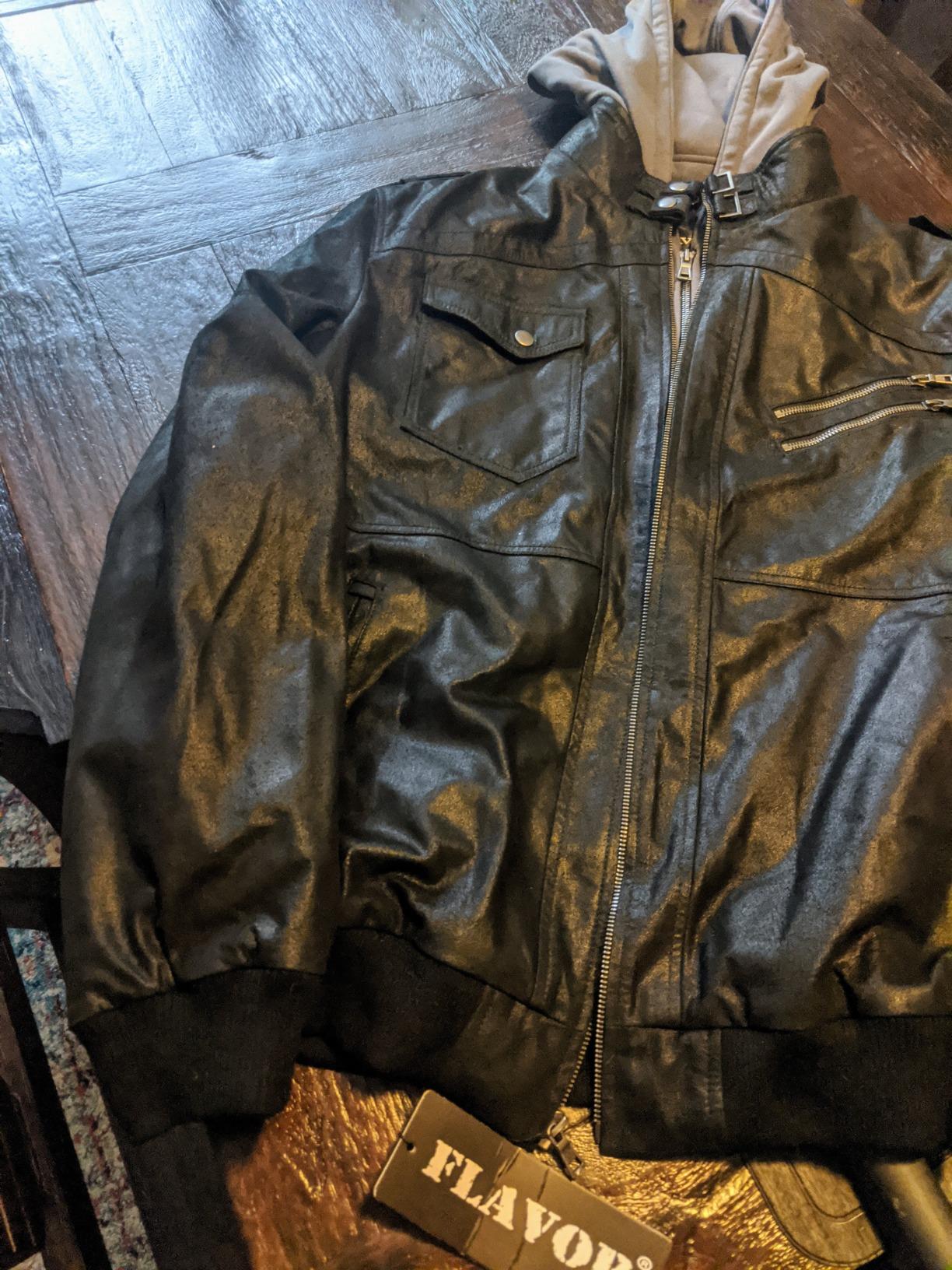 Men Brown Leather Motorcycle Jacket with Removable Hood customer photo 2