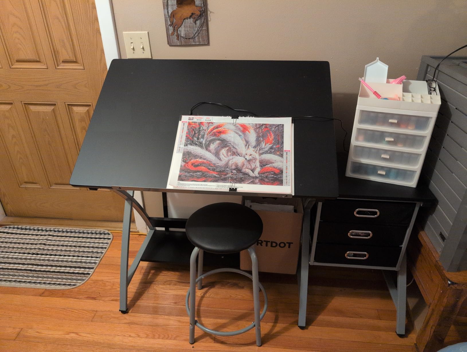 Yaheetech Drafting Desk, Drawing Table for Artists/Adults, Art Desk w/Stool and 3 Slide Drawers, Painting Studio Design Work Station, Adjustable Tabletop, Modern, 50.5 x 24 x 45 inch customer photo 1