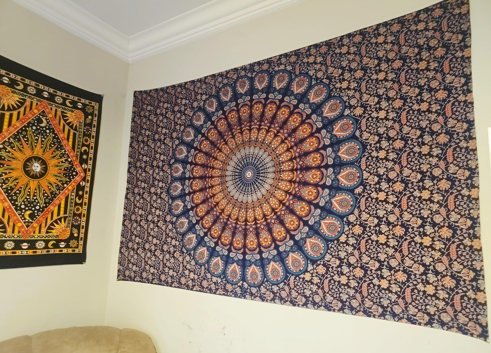 raajsee Blue Orange Tapestry Mandala Wall Hanging- Wall Tapestries For Bedroom - Aesthetic Tapestrys -Queen (82x92 Inches / 208x232 Cms) customer photo 1