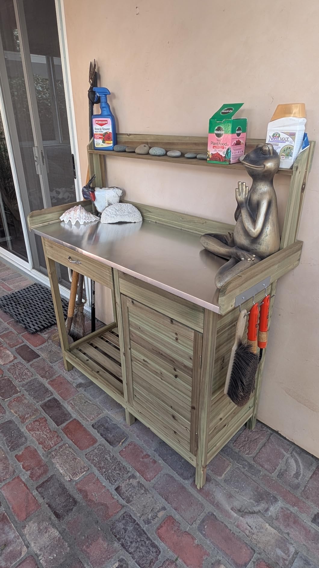 Yaheetech Outdoor Garden Potting Bench Table Work Bench Metal Tabletop W/Cabinet Drawer Open Shelf Natural Wood customer photo 2