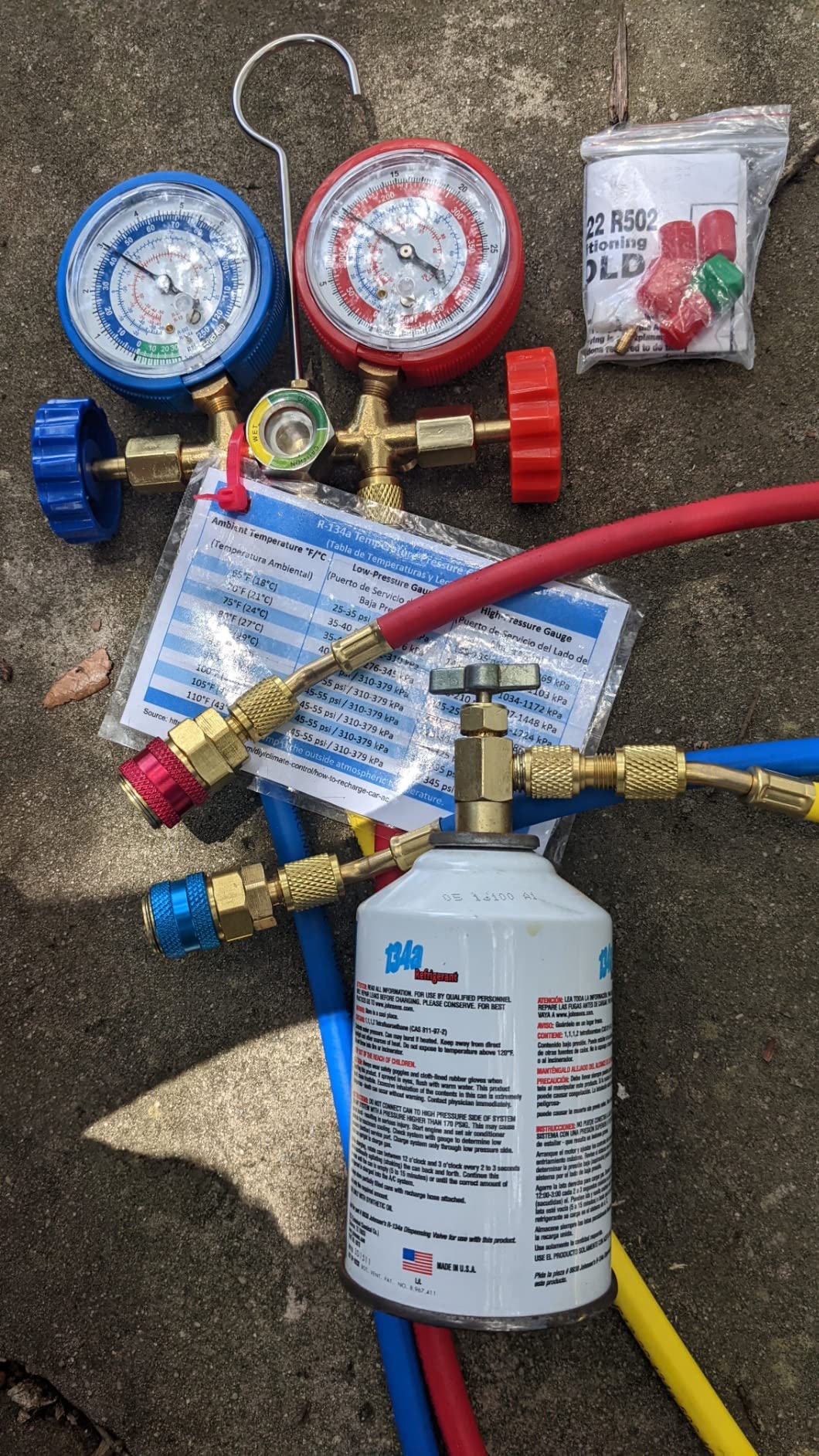 Orion Motor Tech AC Gauge Set, 3-Way AC Manifold Gauge Set for R12 R134a R502 R22 Refrigerant with 5 ft. Hoses, Automotive A/C Gauge with R134a Couplers Self-Sealing & Piercing Can Taps 29° Adapter customer photo 1