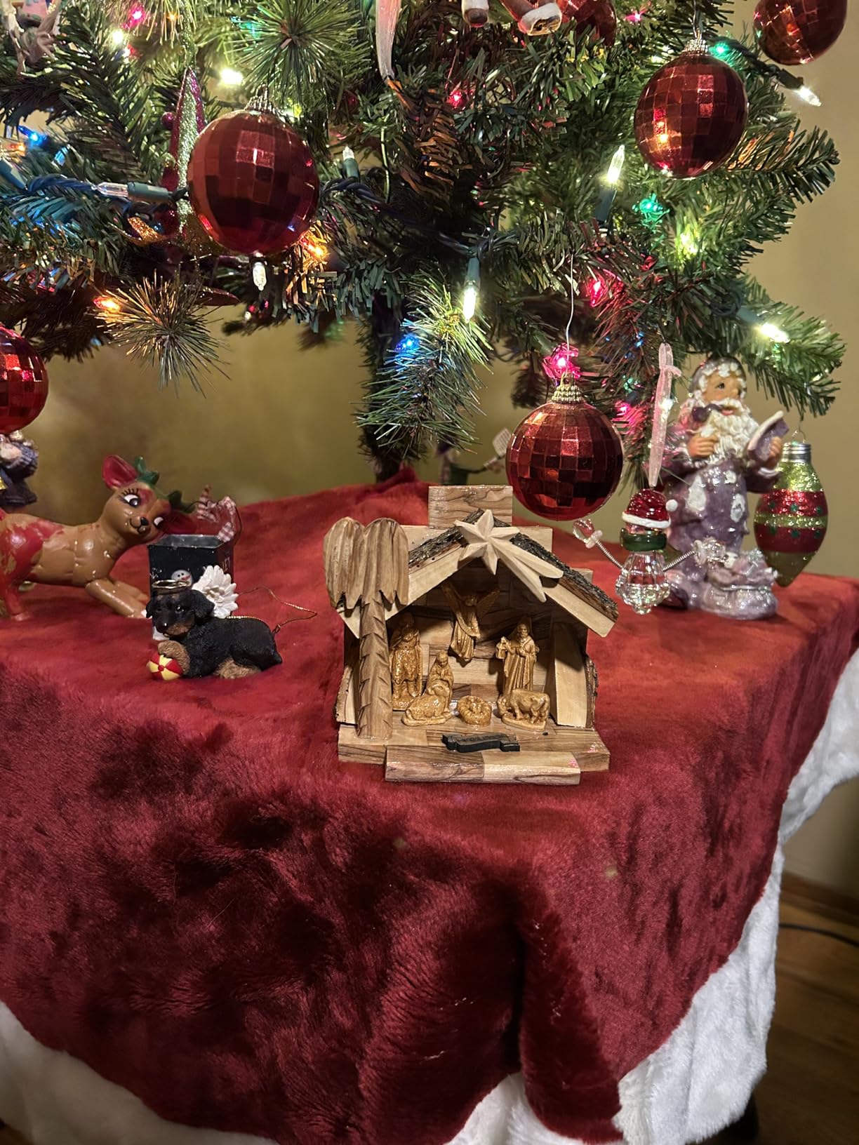 Olive Wood Nativity Set with Figurines - Natural Bark Roof Stable - Handmade Christian Christmas Decoration - Holy Land Gift - Made in Bethlehem - Religious Manger Scene Display customer photo 1