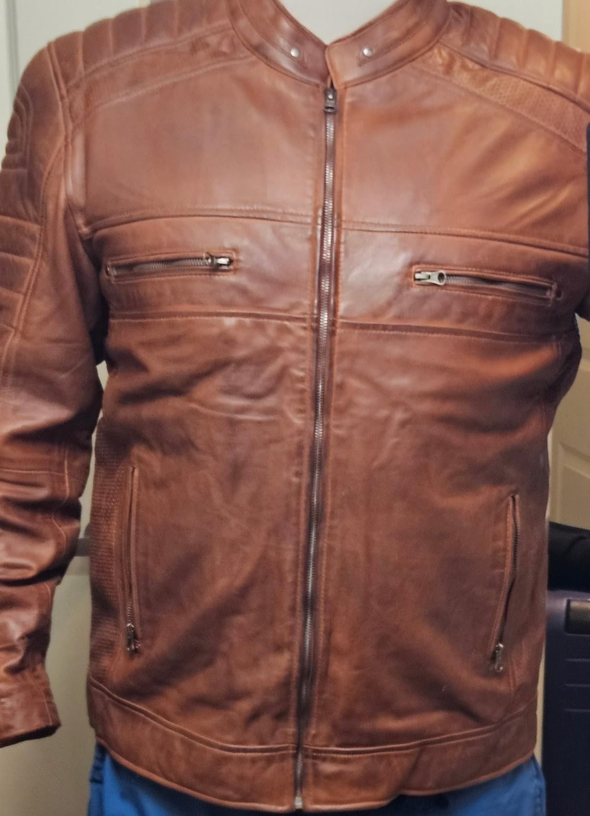Decrum Mens Cafe Racer Leather Jackets - Motorcycle Racing Style Black And Brown Real Lambskin Jacket for Men customer photo 1