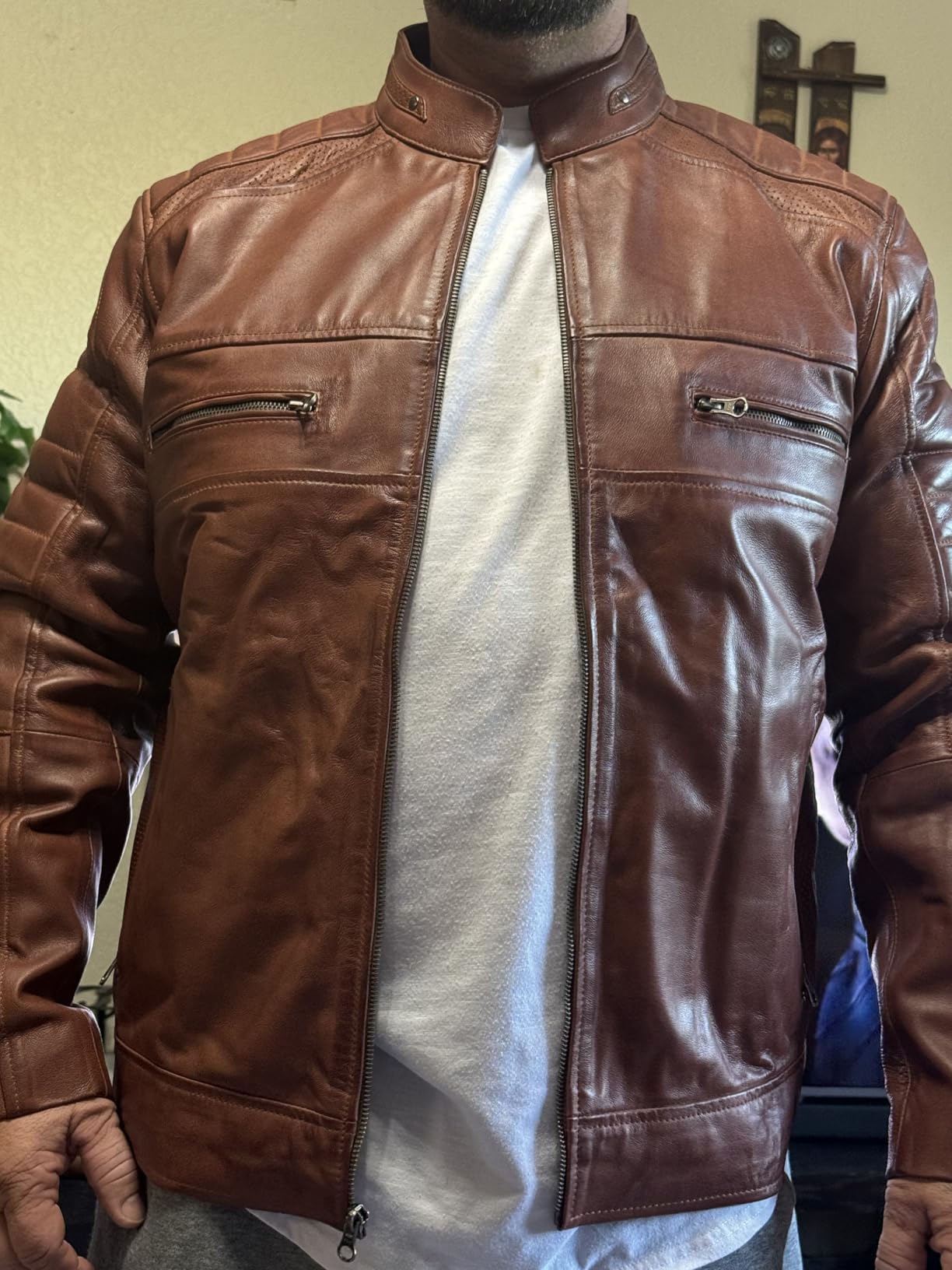 Decrum Mens Cafe Racer Leather Jackets - Motorcycle Racing Style Black And Brown Real Lambskin Jacket for Men customer photo 2