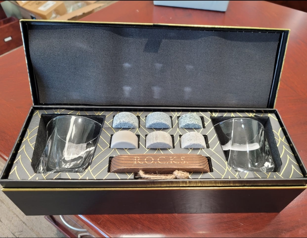 Whiskey Chilling Stones Gift Set - 6 Handcrafted Premium Granite Round Sipping Rocks - 2 Crystal Superior Glasses - Hardwood Presentation & Storage Tray - Elegant Gold Foil Gift Box by R.O.C.K.S. customer photo 2