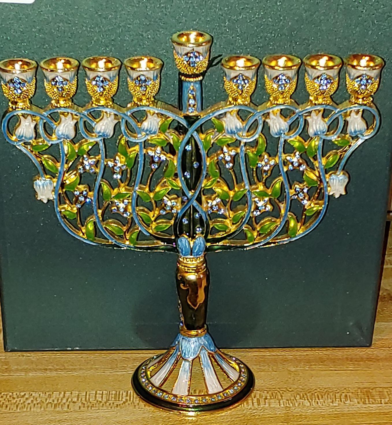 Matashi Hand Painted Enamel Menorah Candelabra Embellished with Gold Accents and Crystals (Modern Flow & Star of David Design) customer photo 1