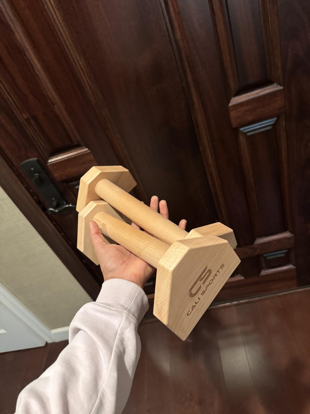 CALI SPORTS Calisthenics Wood Parallettes Bars | Push Up Bar That Will Not Slip or Wobble | Wrist Wraps Included customer photo 1