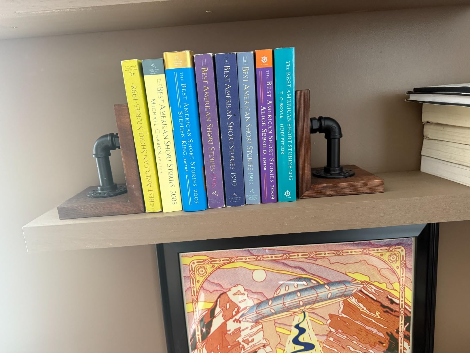 MyGift Book Ends Decorative, Bookends for Shelves, Metal Bookends for Heavy Books, Office Decor for Men, Wood Book Stopper, Realistic Industrial Pipe Design, Dark Brown customer photo 1