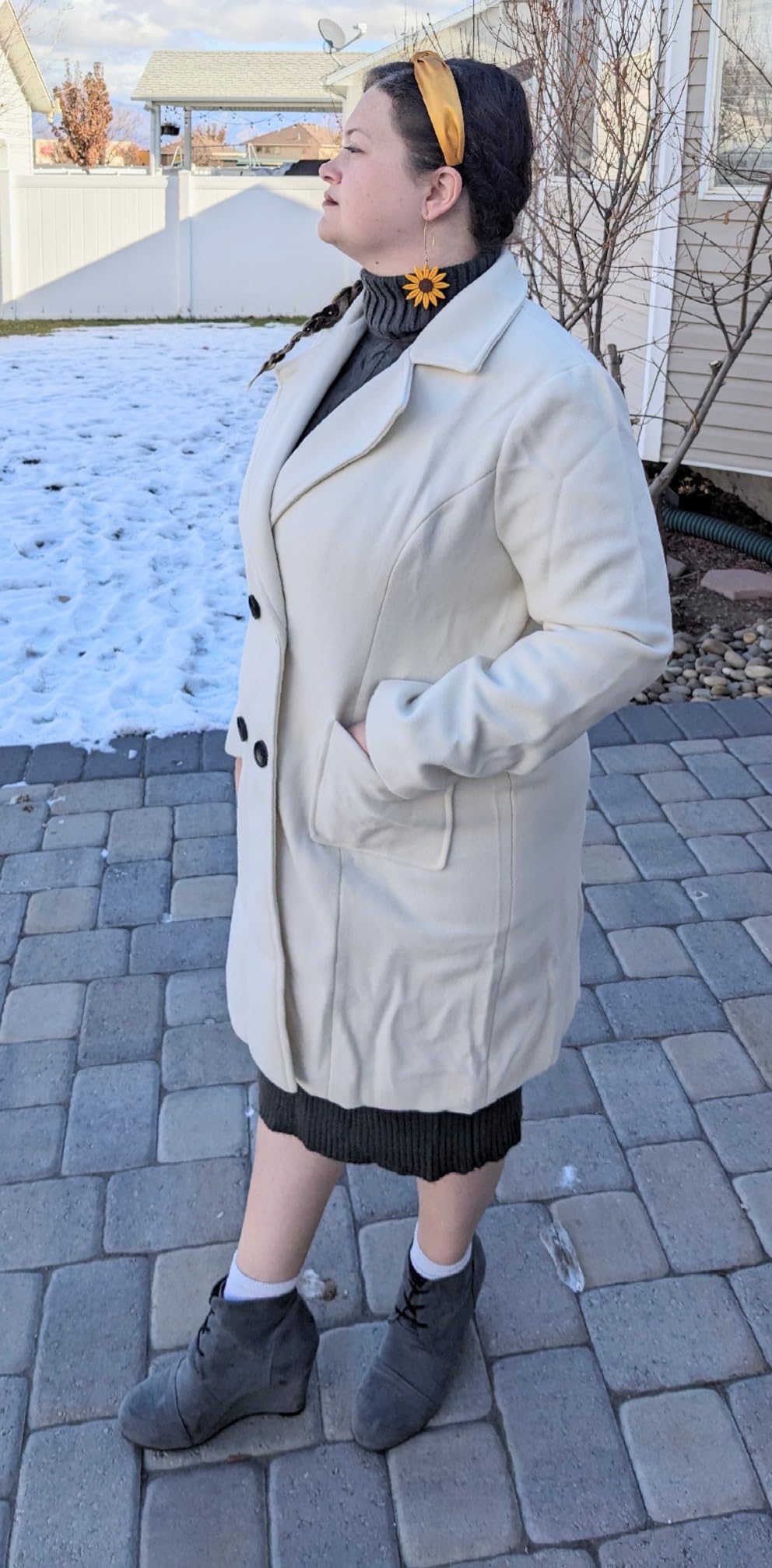 Women Elegant Notched Collar Double Breasted Wool Blend Over Coat customer photo 2