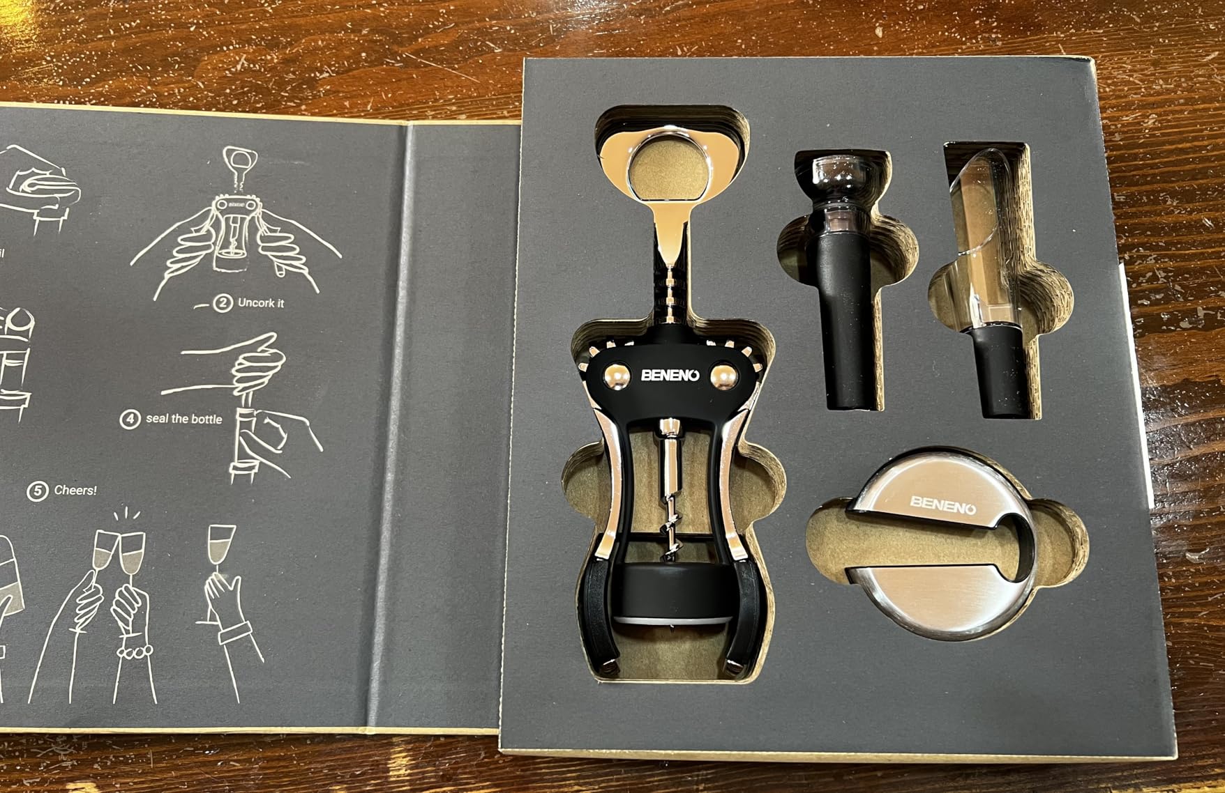 Beneno Wine Opener, Zinc Alloy Premium Wing Corkscrew with Multifunctional Bottles Opener, Sharp Wine Corkscrew with Ergonomic Non-Slip Wing Handle, Silver customer photo 1