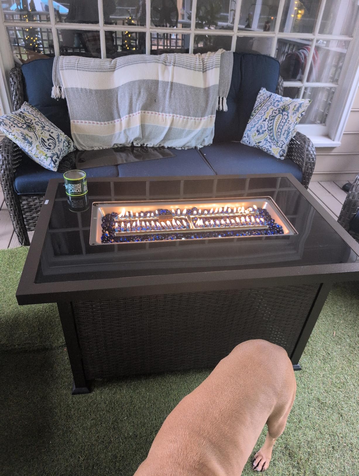 U-MAX 44in Outdoor Propane Gas Fire Pit Table, 50,000 BTU Auto-Ignition Gas Firepit with Glass Wind Guard, Black Tempered Glass Tabletop & Blue Glass Rock, Brown PE Rattan, CSA Certification customer photo 2