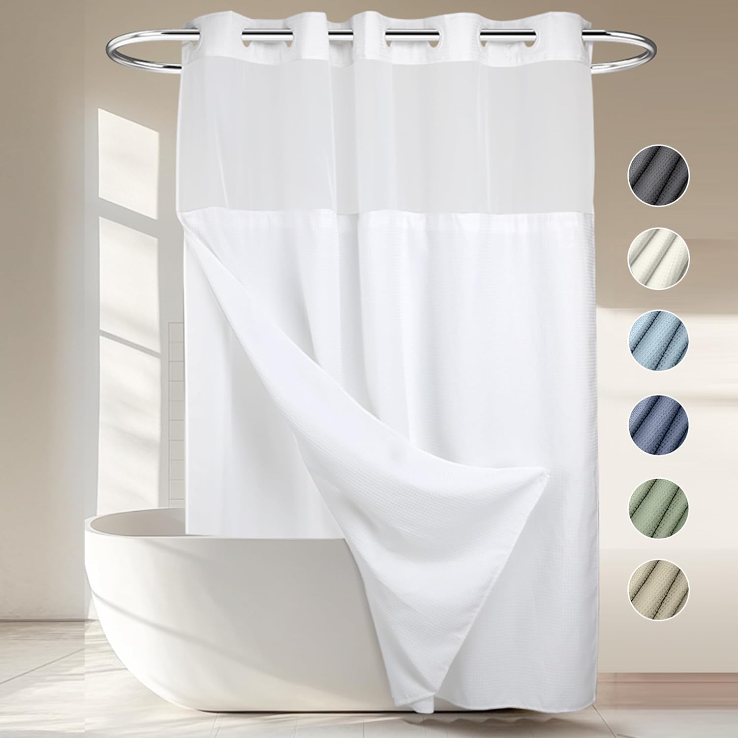 River Dream Heavyweight No Hooks Required Dotted Waffle Weave Shower Curtain with Snap in Liner, Bathroom Curtains Shower Set - 71W x 74H, Hotel Grade, Spa Like Bath Curtain, White customer photo 1