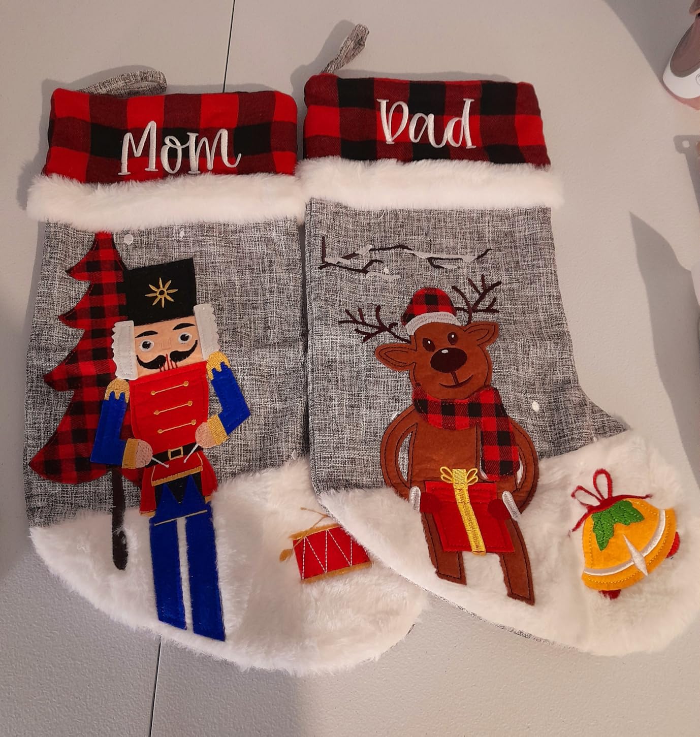 BHD BEAUTY Set of 6 Christmas Stockings Gray Burlap Buffalo Red Plaid Soft Faux Fur 20 Inches Lovely Embroidery Pattern for Family Decorations Hanging Ornament for Xmas Holiday Party customer photo 1