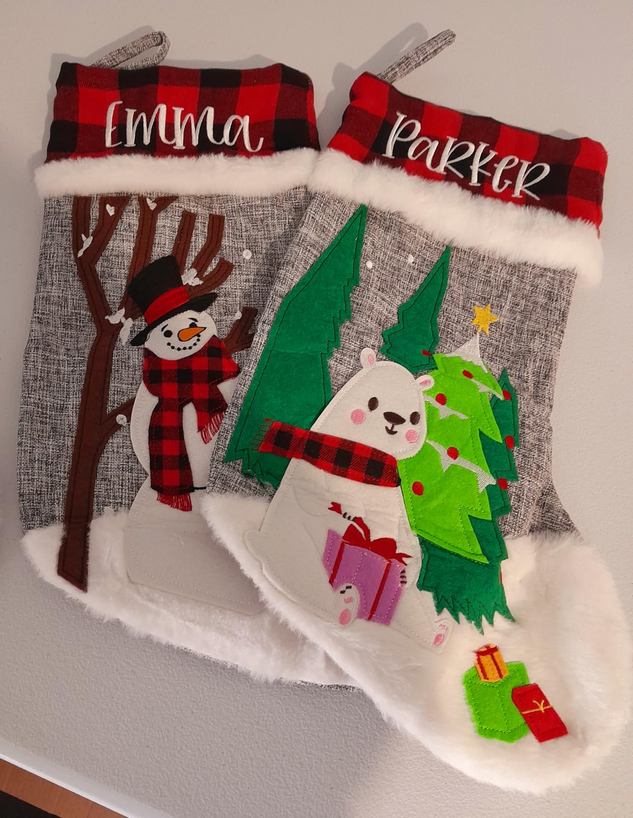BHD BEAUTY Set of 6 Christmas Stockings Gray Burlap Buffalo Red Plaid Soft Faux Fur 20 Inches Lovely Embroidery Pattern for Family Decorations Hanging Ornament for Xmas Holiday Party customer photo 2