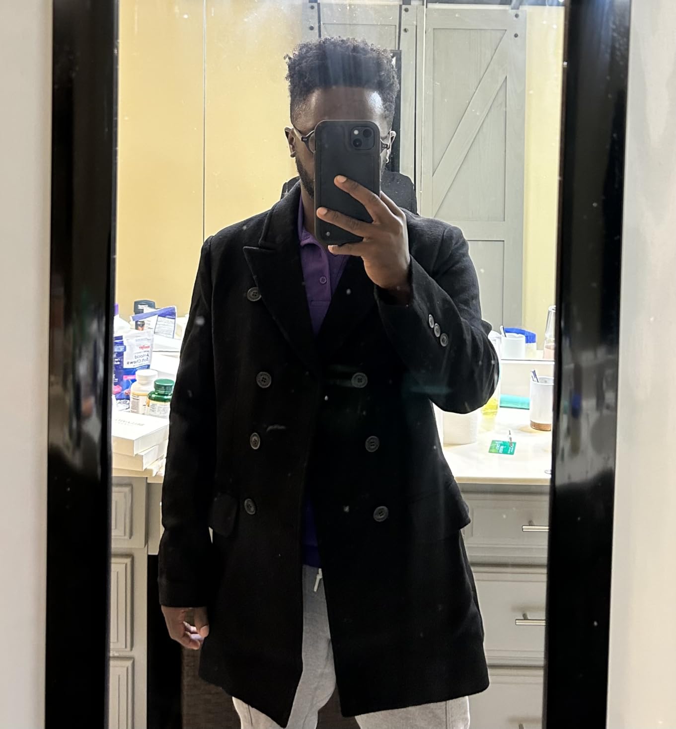 Men's Premium Wool Blend Double Breasted Long Pea Coat customer photo 2