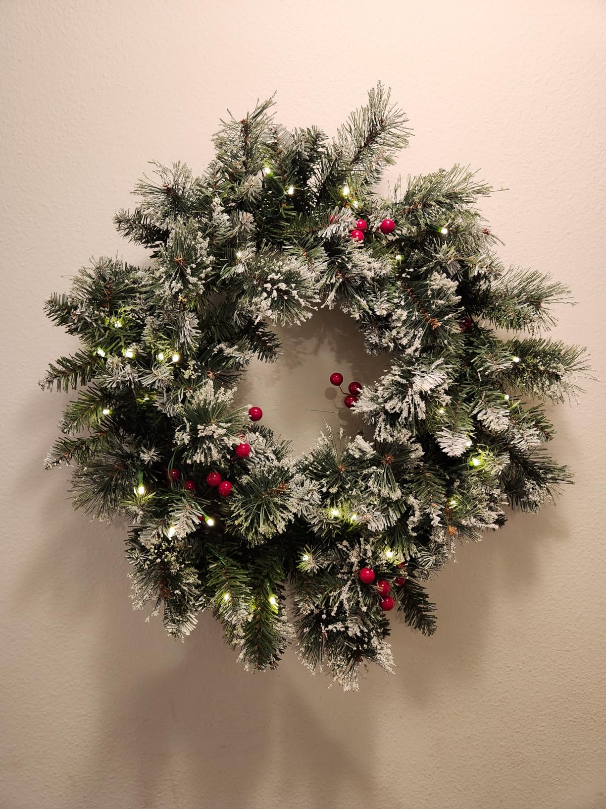 Nearly Natural 24in. Frosted Swiss Pine Artificial Wreath with 35 Clear LED Lights and Berries, Green, 5x24x24 customer photo 2