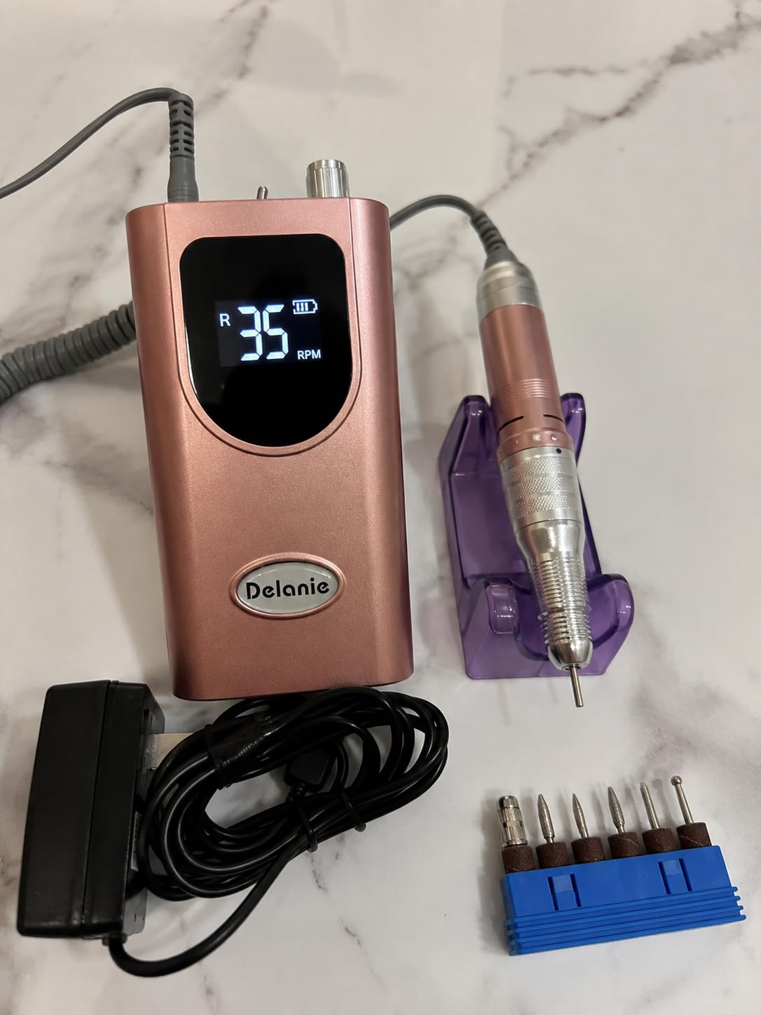 Delanie Professional Nail Drill High Torque 35000 RPM Rechargeable Portable Electric Nail File Filer for Acrylic Gel with Cuticle Bits, Salon Manicure Tool, Rose Gold customer photo 1