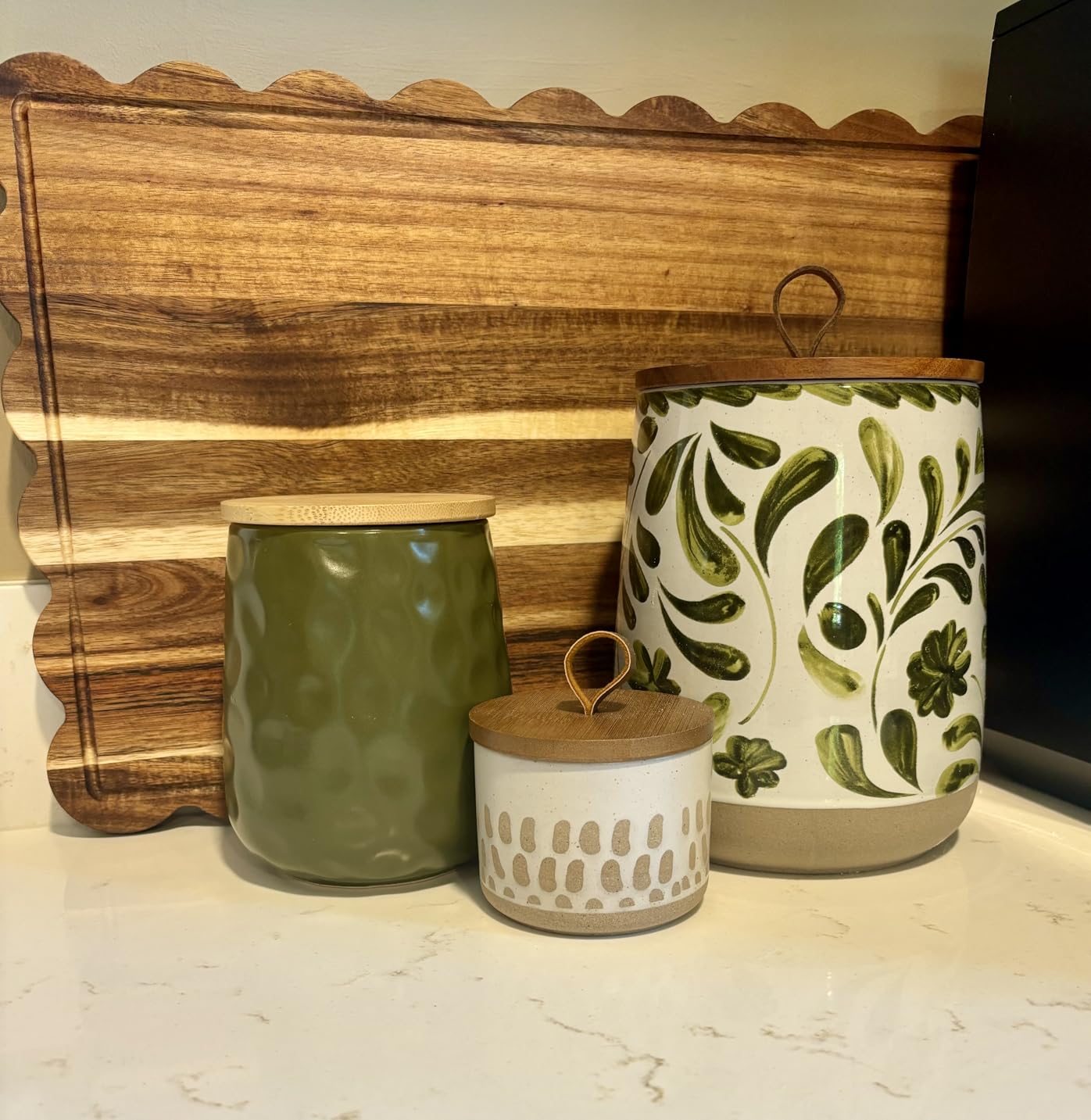 TTU Tabletops Gallery Ceramic Canister Collection- Stoneware Designed Kitchen Storage Acacia Wood White Set, 3 Piece Green Leaf Canister Set customer photo 1