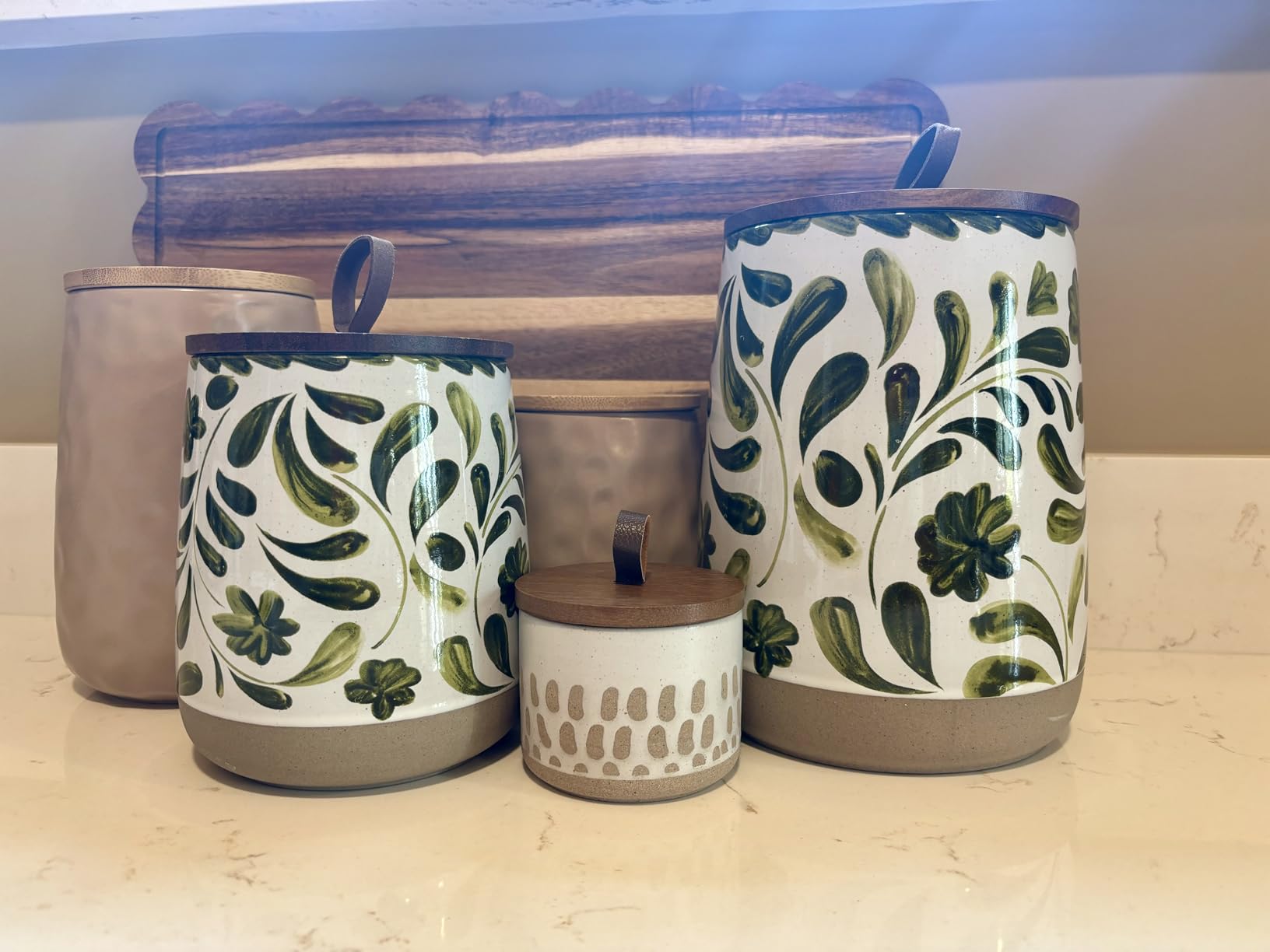 TTU Tabletops Gallery Ceramic Canister Collection- Stoneware Designed Kitchen Storage Acacia Wood White Set, 3 Piece Green Leaf Canister Set customer photo 2