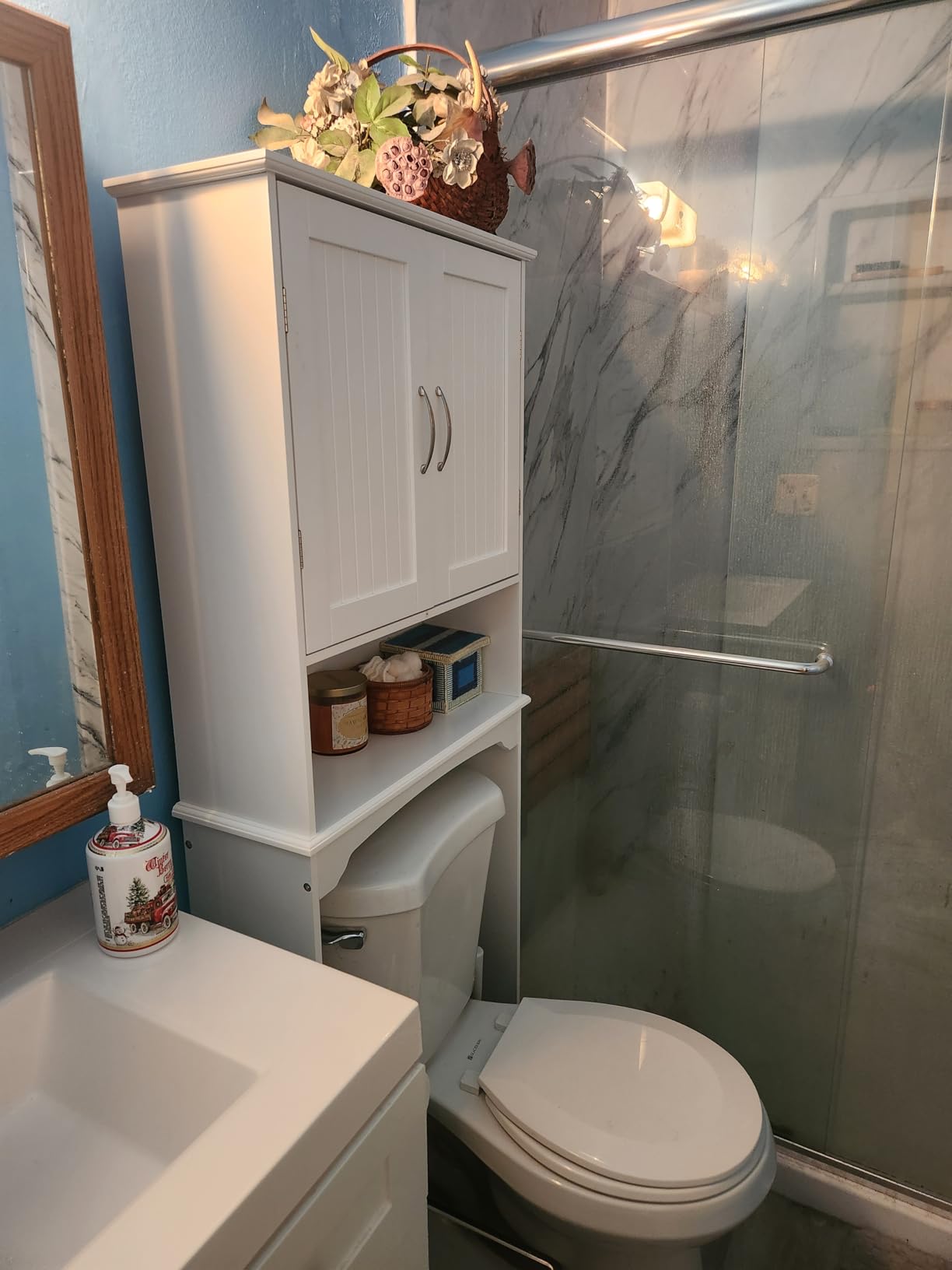 Yaheetech Over The Toilet Cabinet, Double Door Bathroom Storage Organizer, Toilet Rack with Inner Adjustable Shelf and Open Storage Shelf, White customer photo 2