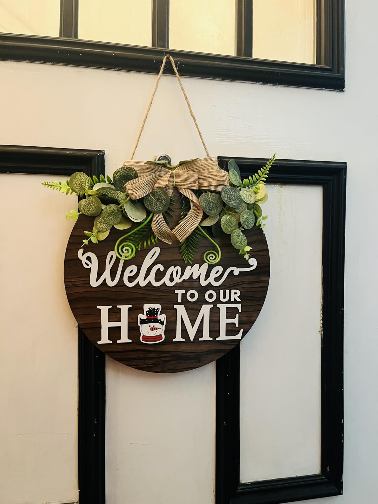 Interchangeable Seasonal Welcome Sign Front Door Decoration, Rustic Round Wood Wreaths Wall Hanging Outdoor, Farmhouse, Porch, for Spring Summer Fall All Seasons Holiday Halloween Christmas. customer photo 1