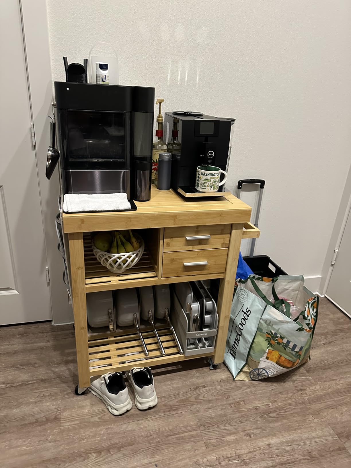 Rolling Kitchen Island Cart with Drawers Shelves, Towel Rack, Locking Casters, Butcher Block Food Prepping Cart Trolley on Wheels, Bamboo Wood customer photo 1